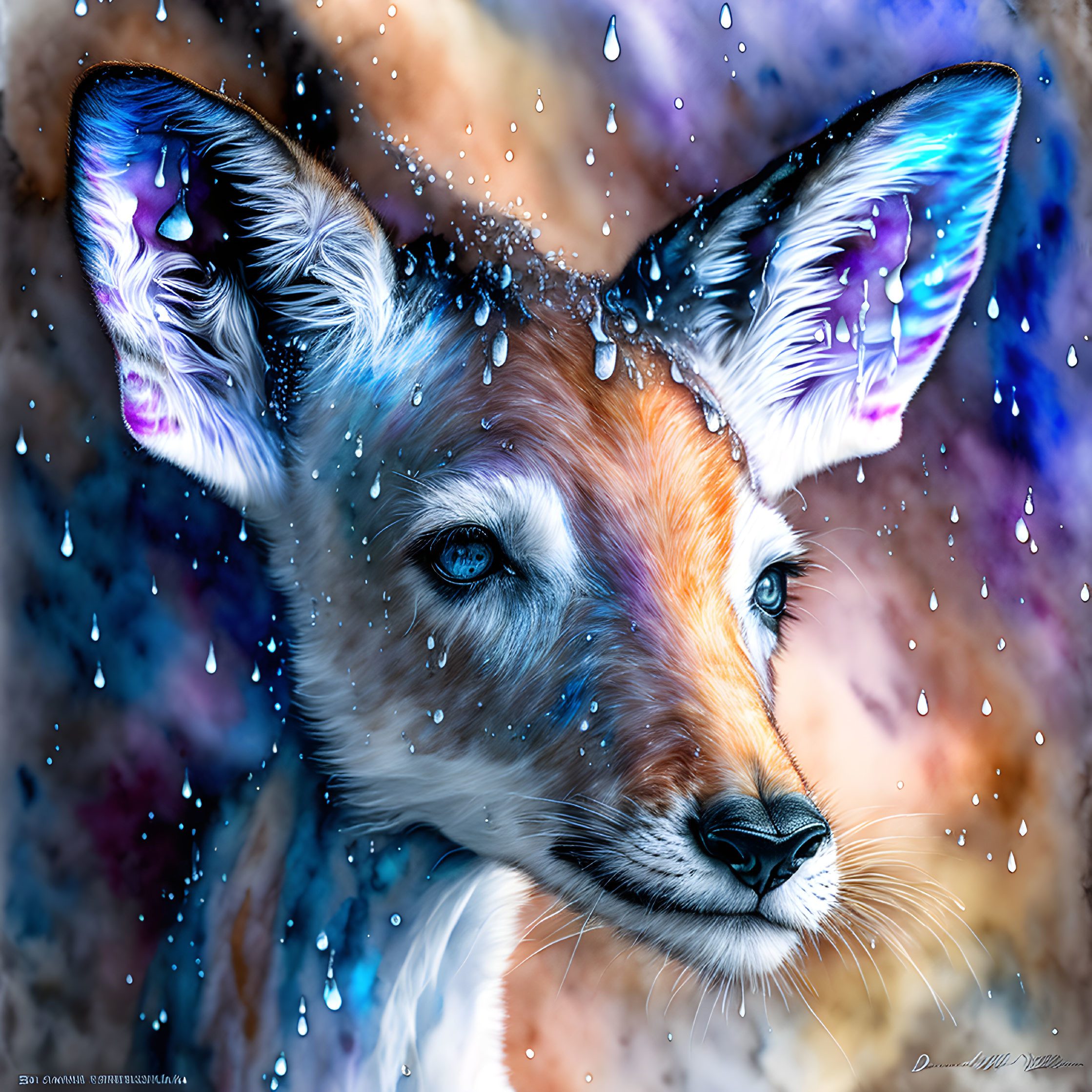 Colorful Fox Artwork with Striking Blue Eyes and Water Droplets