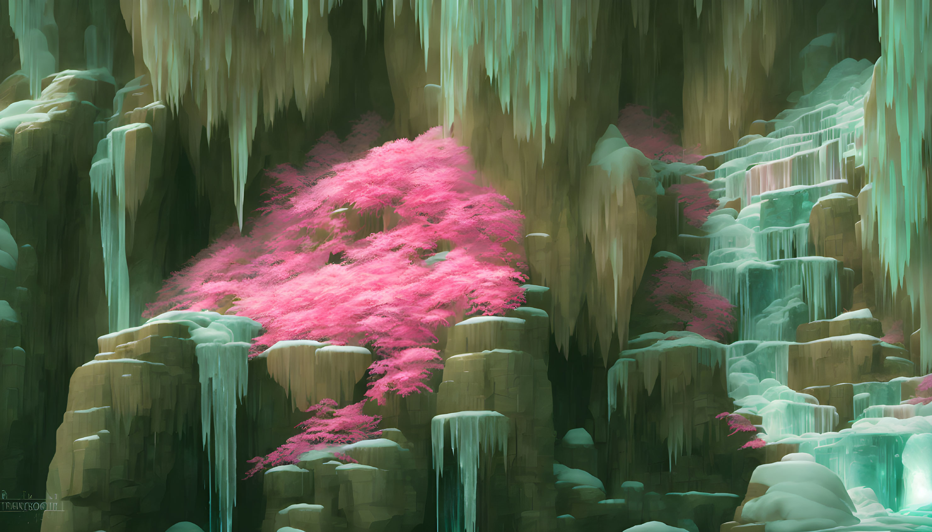 Mystical forest with moss-covered rocks, waterfalls, and vibrant pink tree