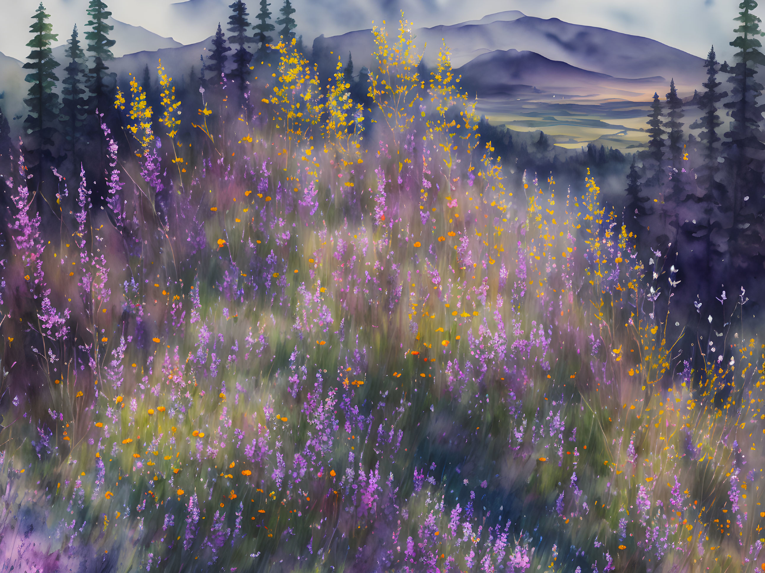 Colorful wildflower meadow with purple and yellow flowers and scenic backdrop