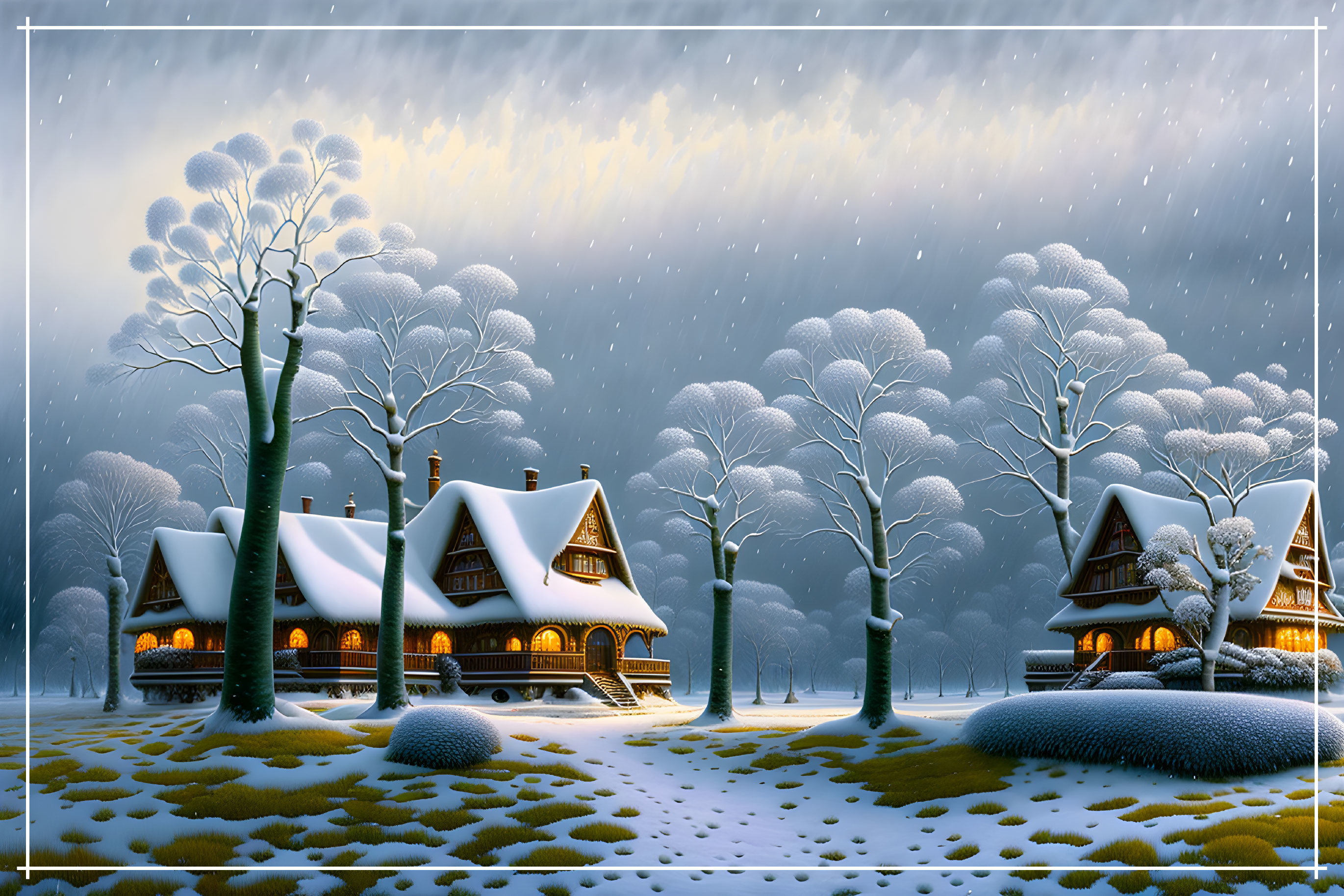 Serene Winter Landscape with Snowy Cottages and Trees