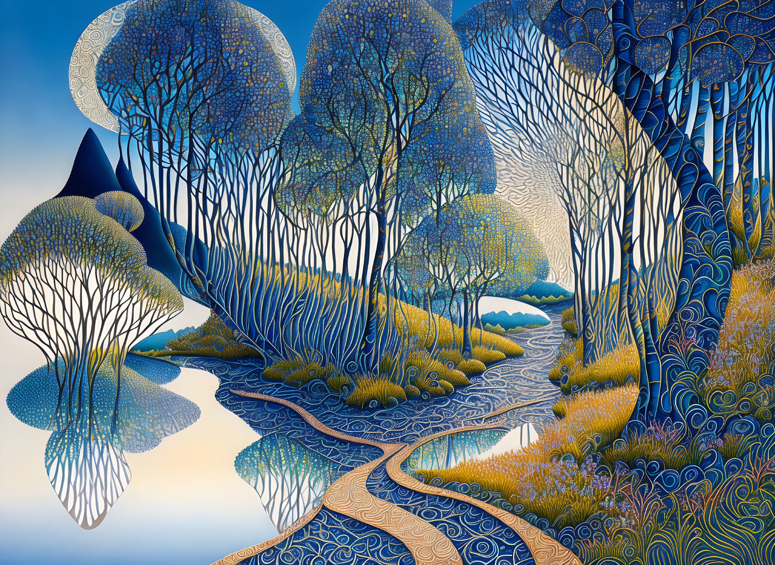 Vibrant blue and yellow fantasy landscape with intricate trees and winding path