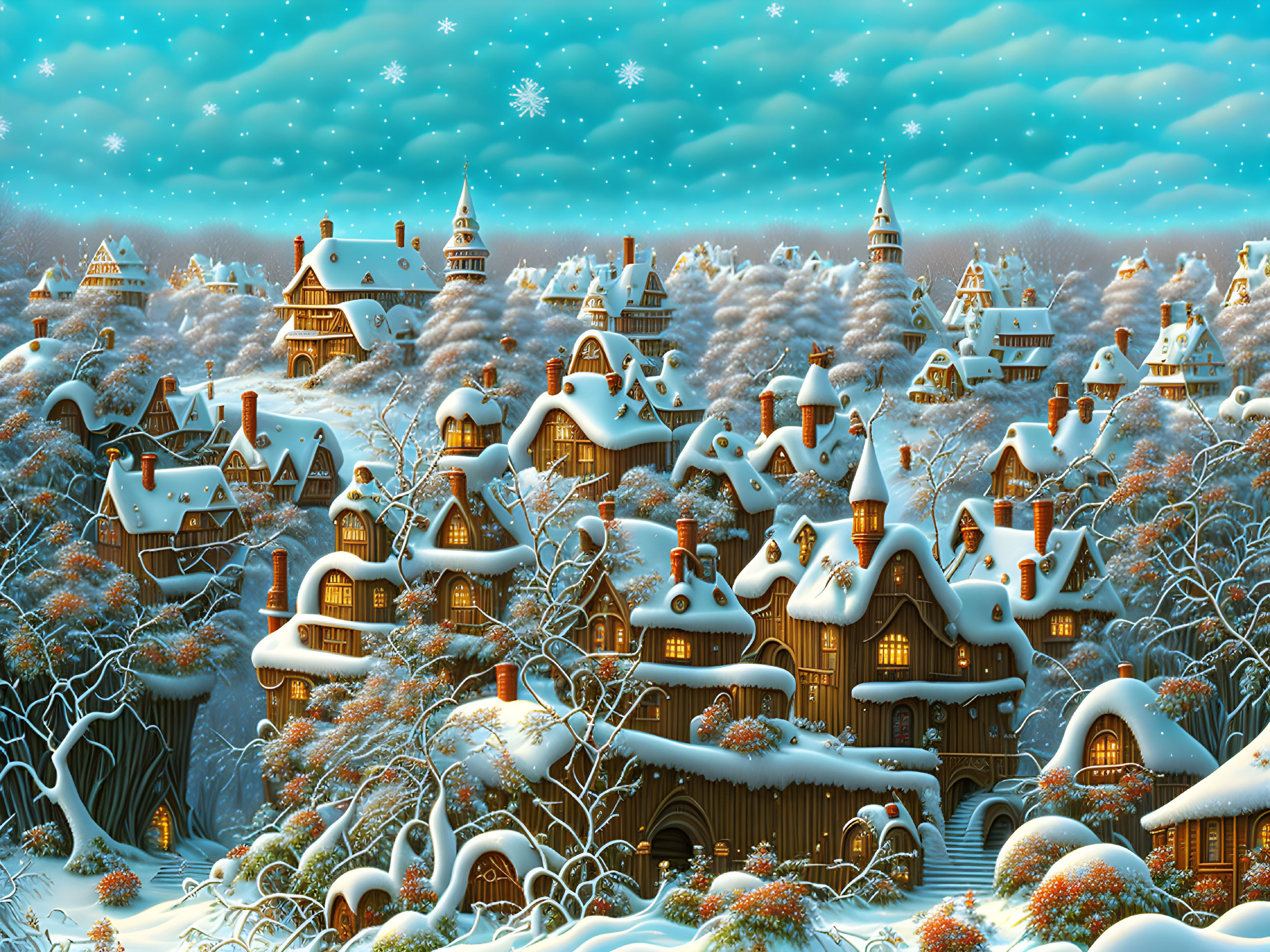 Snow-covered winter village with quaint houses and towers under starry sky