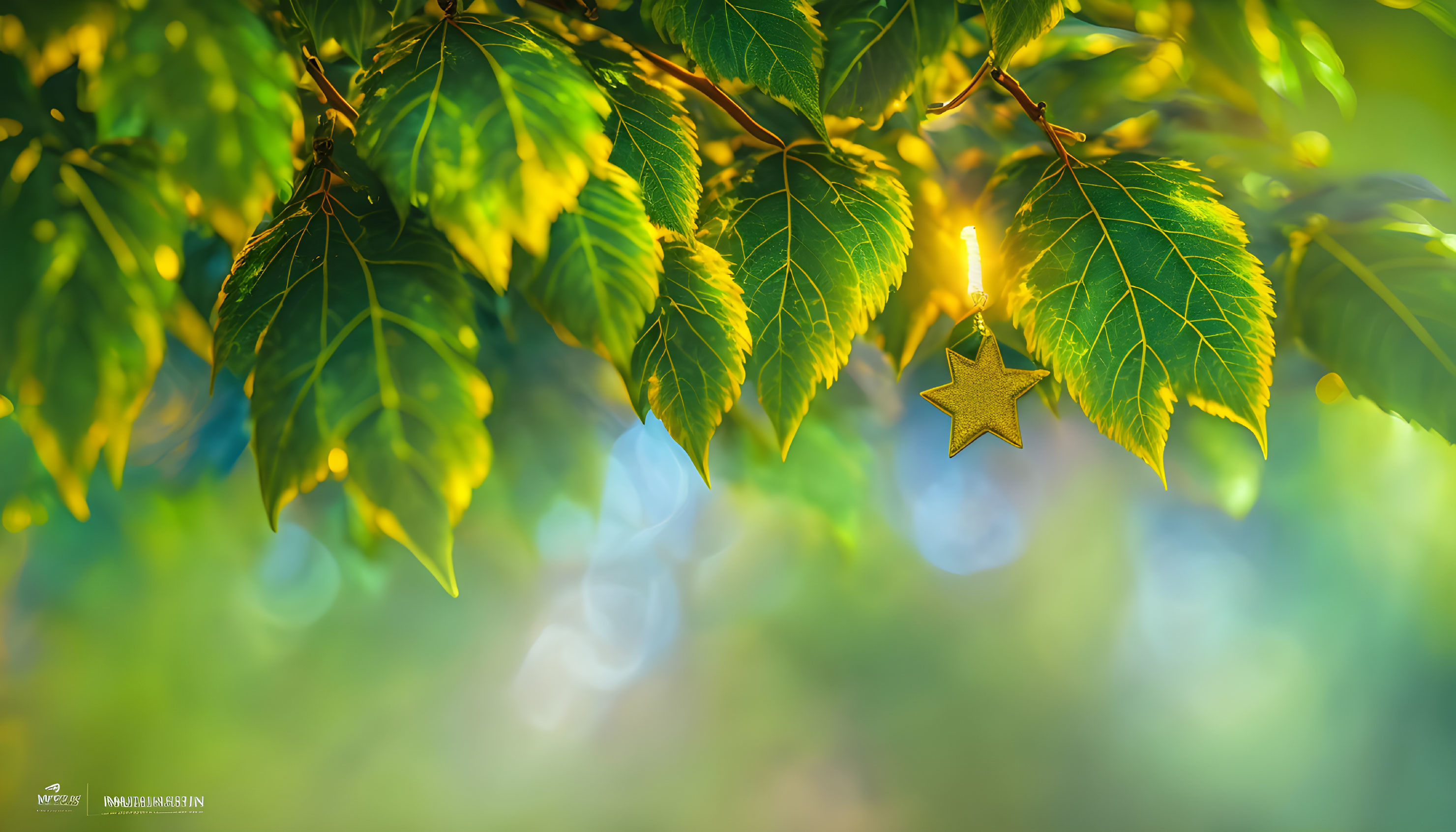 Golden star among vibrant green leaves in soft sunlight