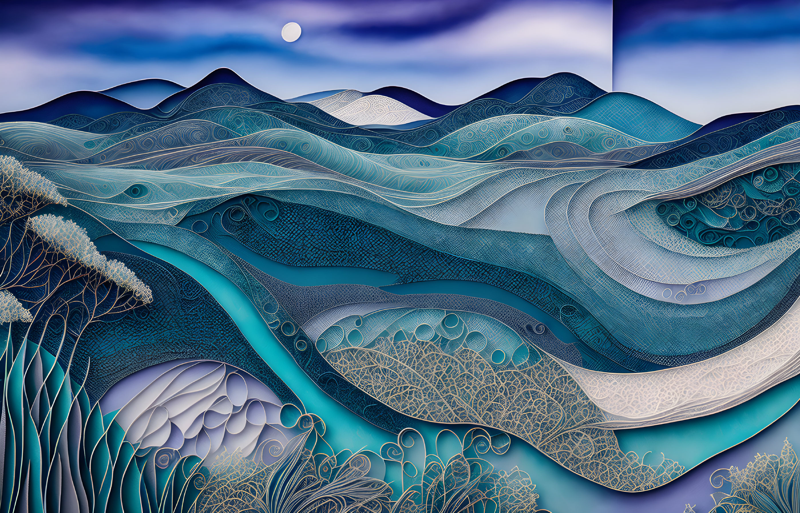 Artistic landscape with layered hills under full moon