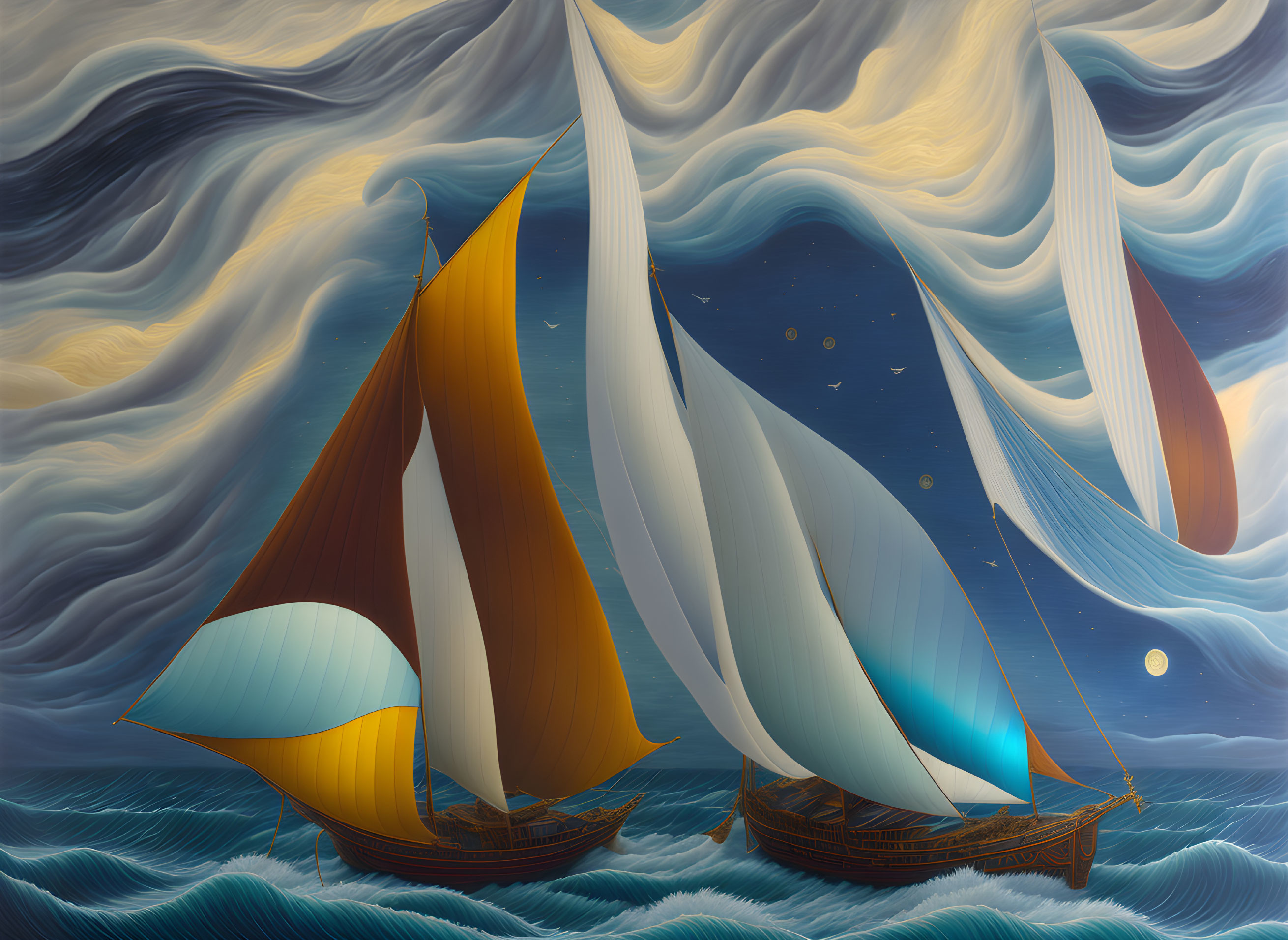 Surreal maritime scene with sailing ships, wavy seas, swirling clouds, and stars