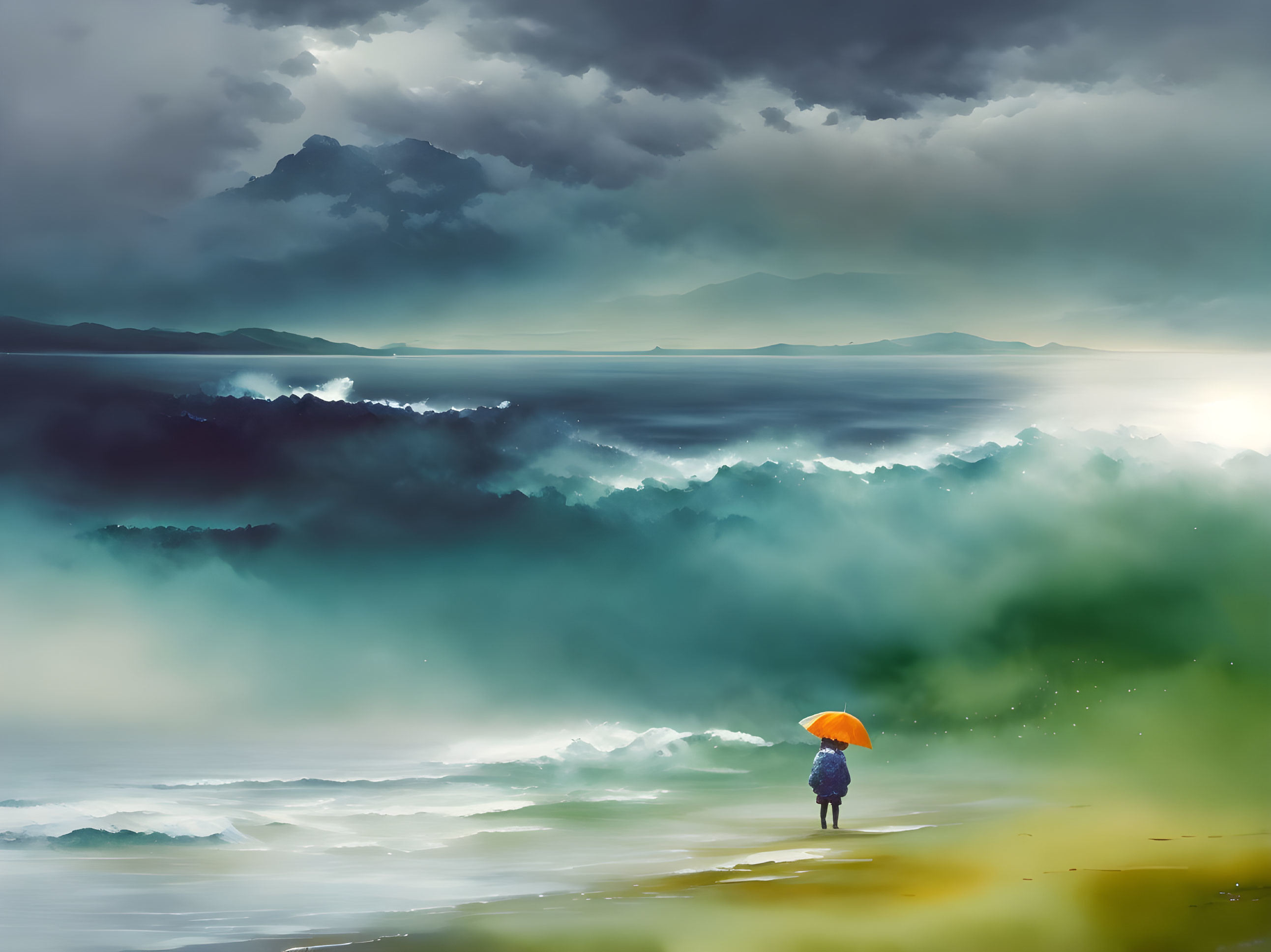 Solitary Figure with Orange Umbrella Faces Turbulent Waves