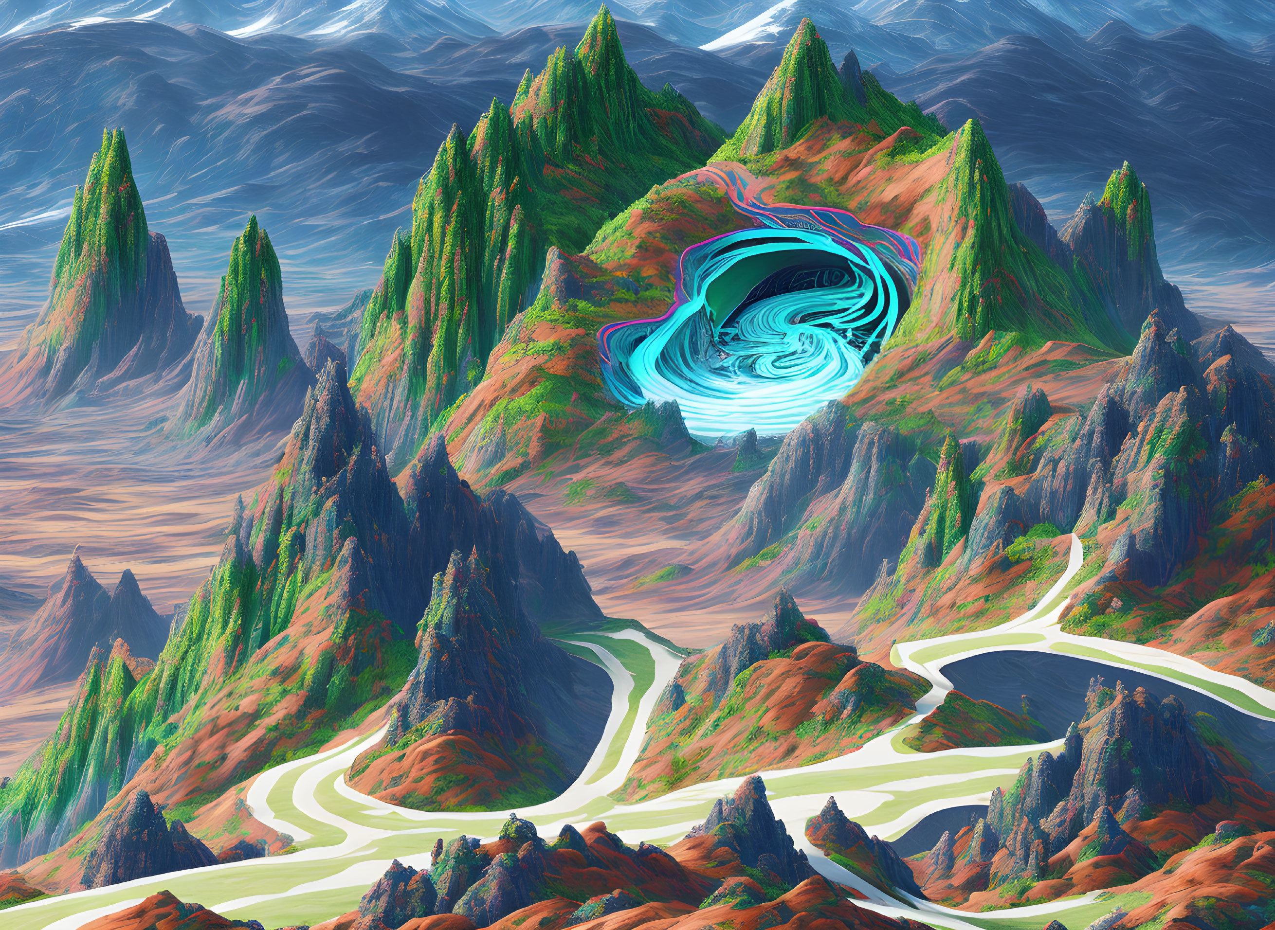 Vibrant green mountains with swirling blue portal in surreal landscape