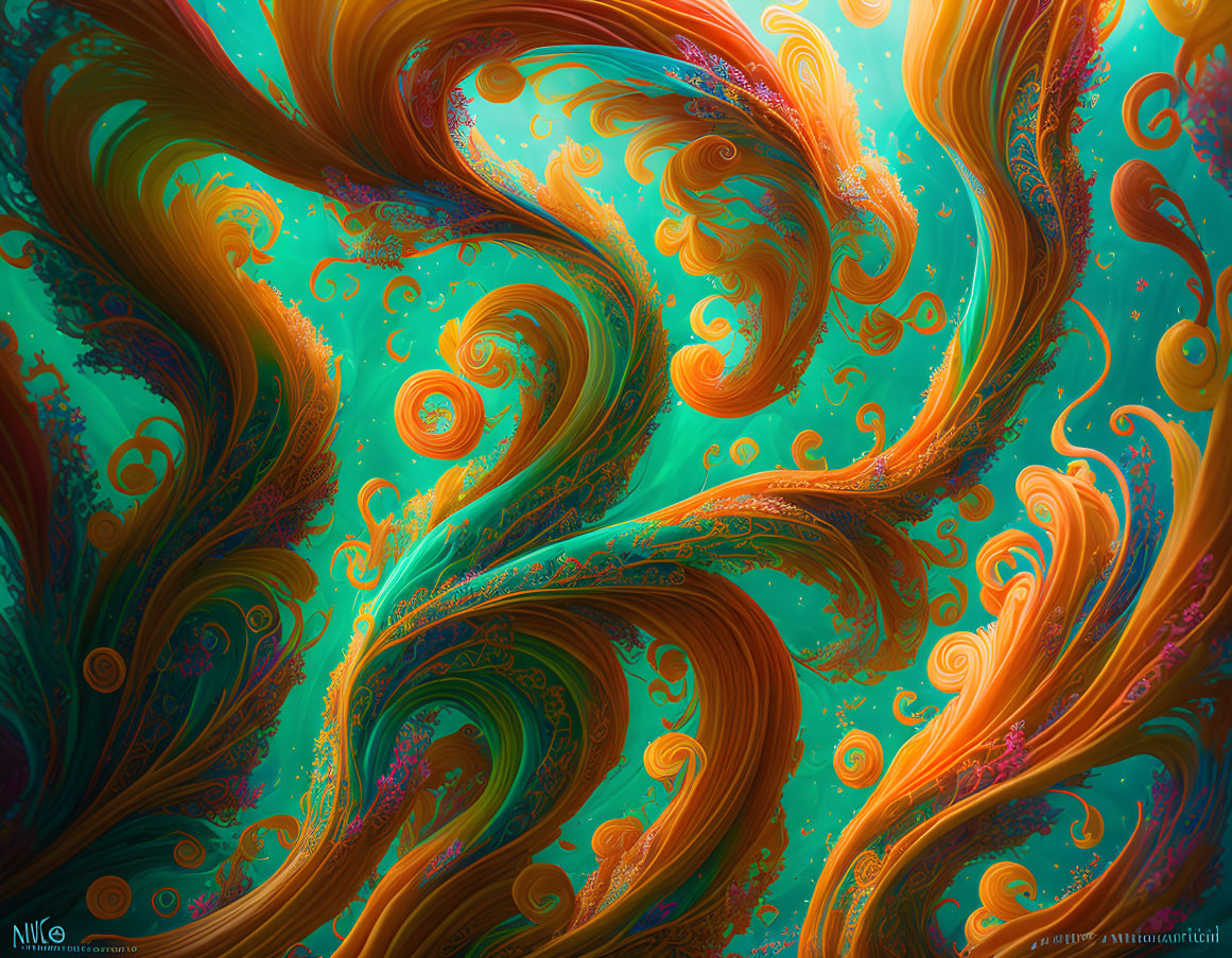 Colorful Fractal Art: Orange, Teal, and Blue Swirling Patterns