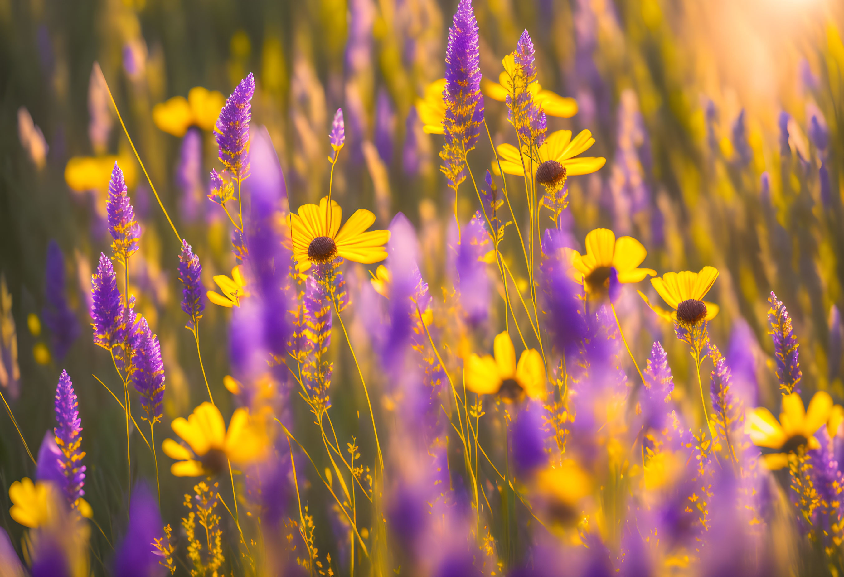 Vibrant Purple and Yellow Flowers in Golden Sunset Light