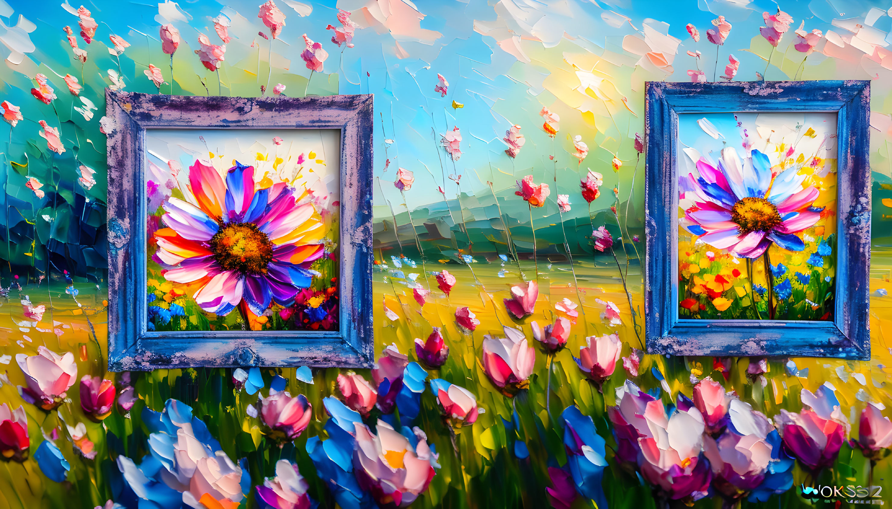 Floral Paintings in Blue Frames on Colorful Tulip Field Background