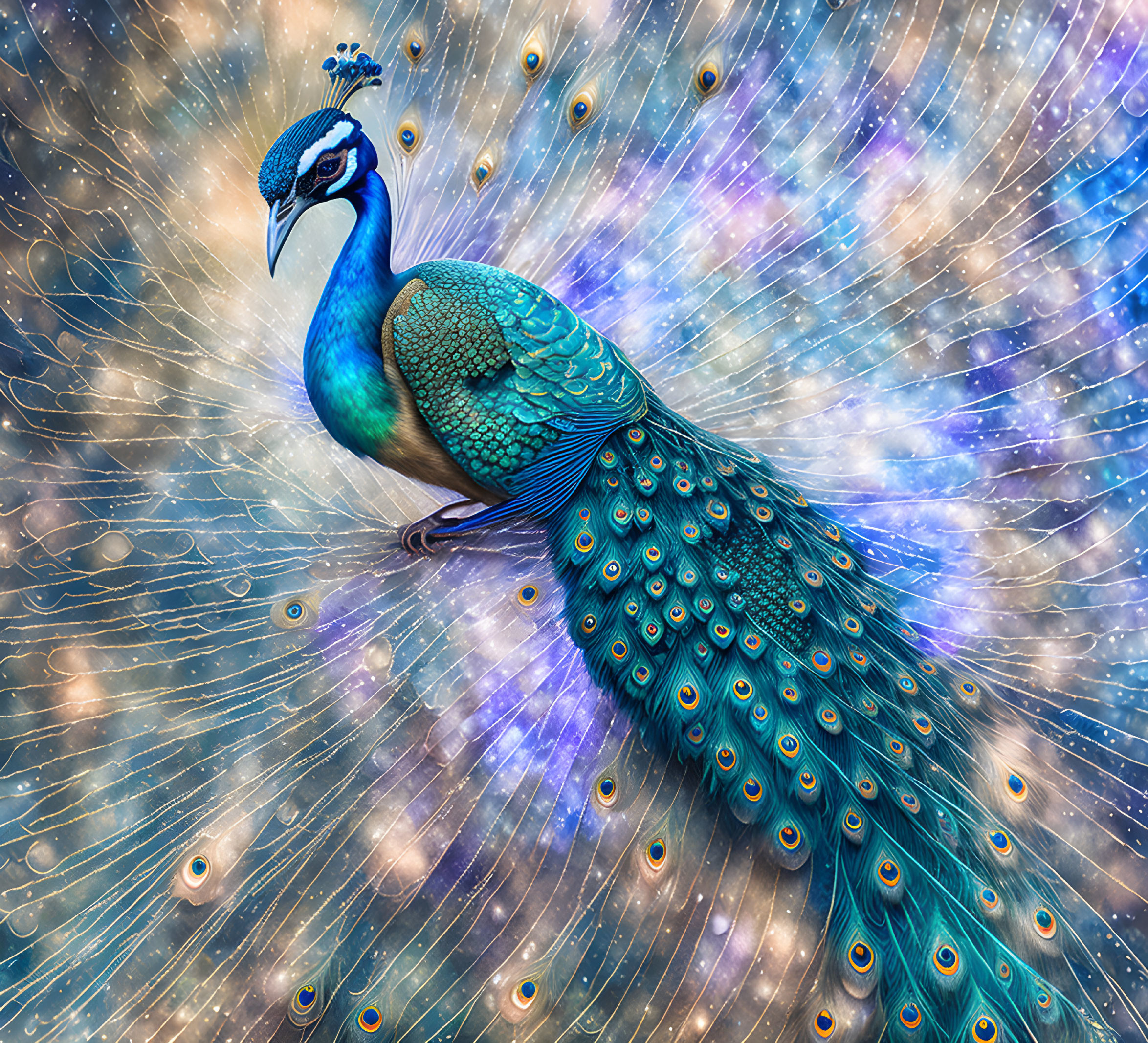 Colorful Peacock with Blue and Green Plumage on Cosmic Background