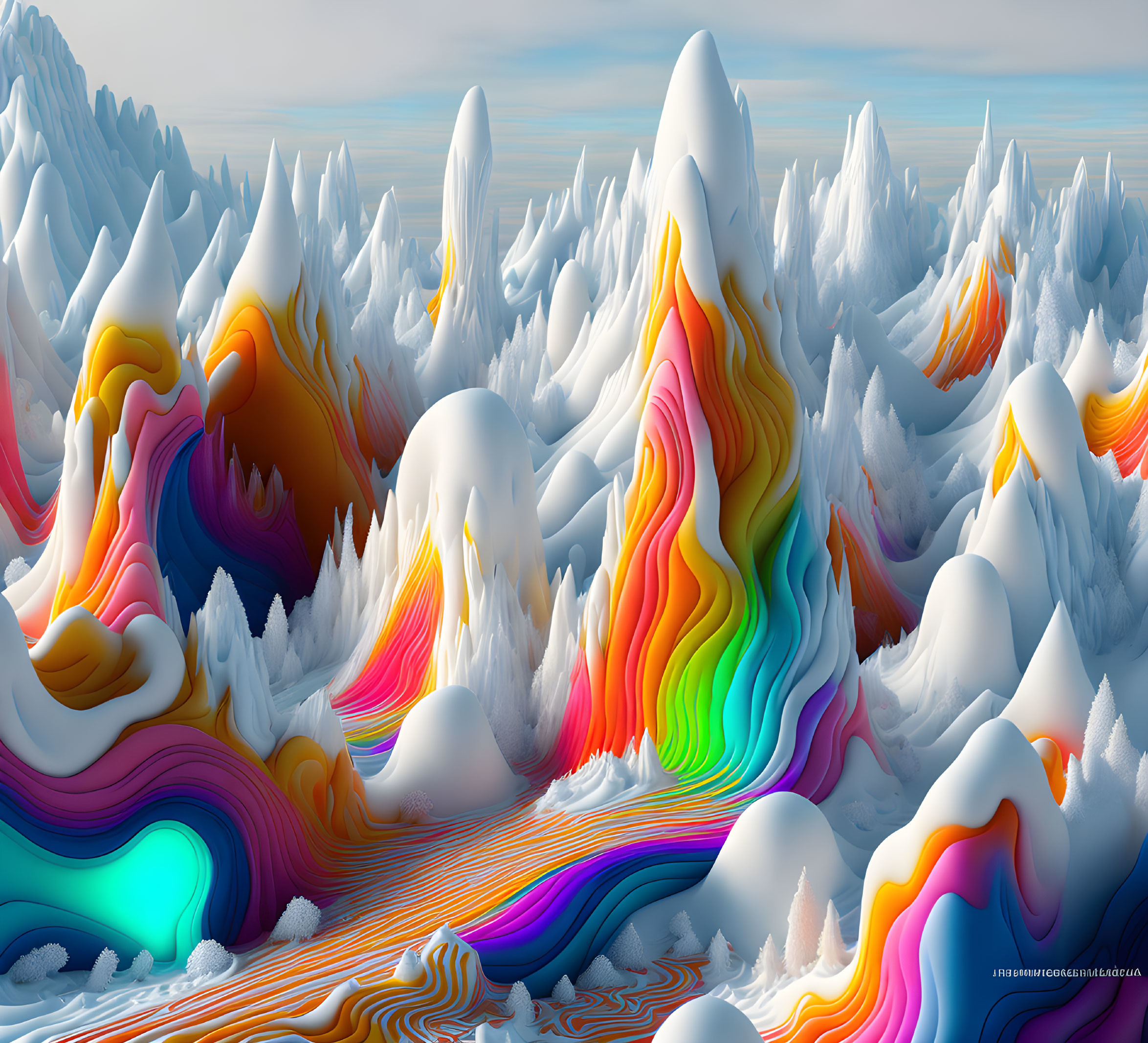 Colorful digital art: Whimsical mountain landscape with surreal patterns