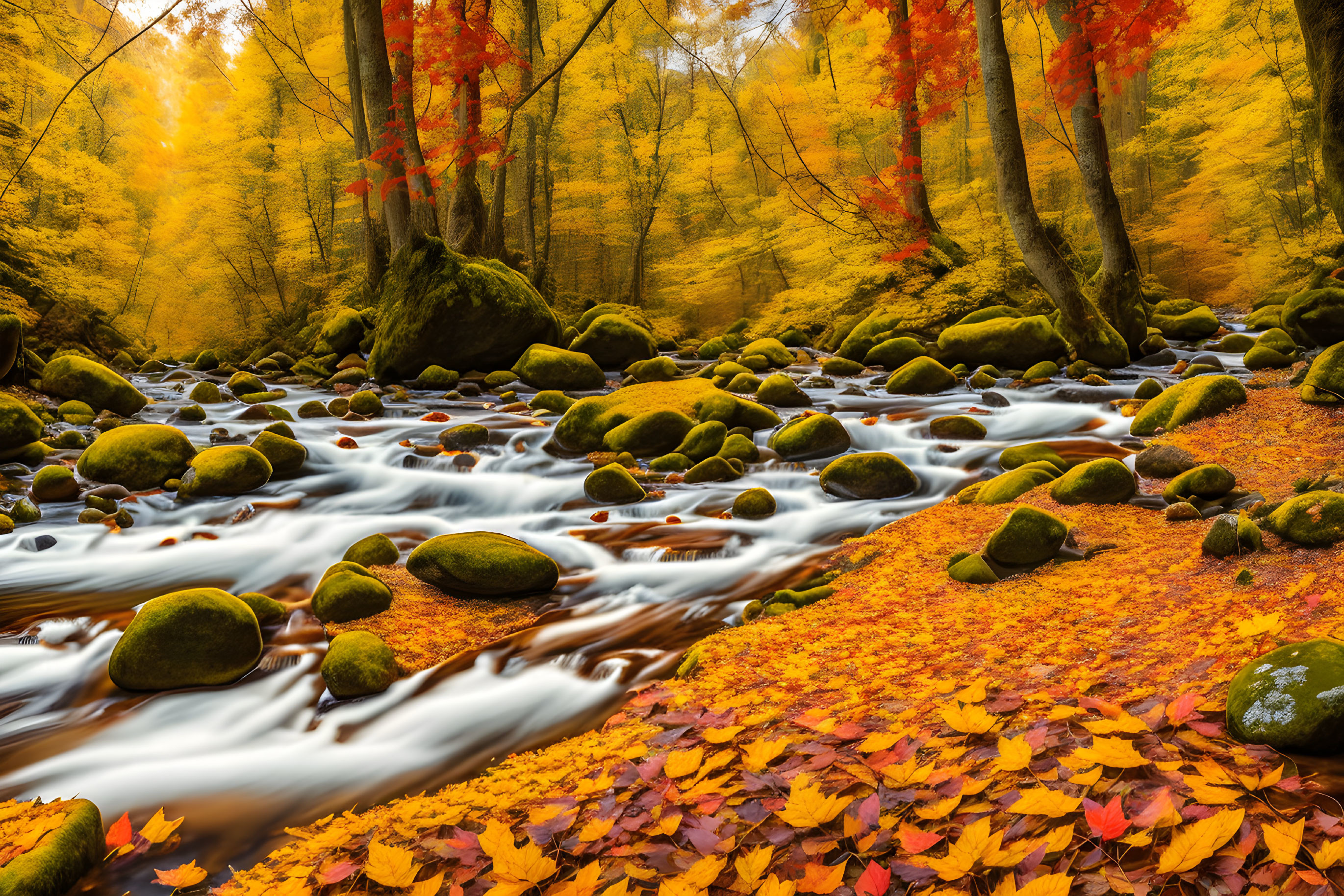 Tranquil autumn forest stream with golden foliage