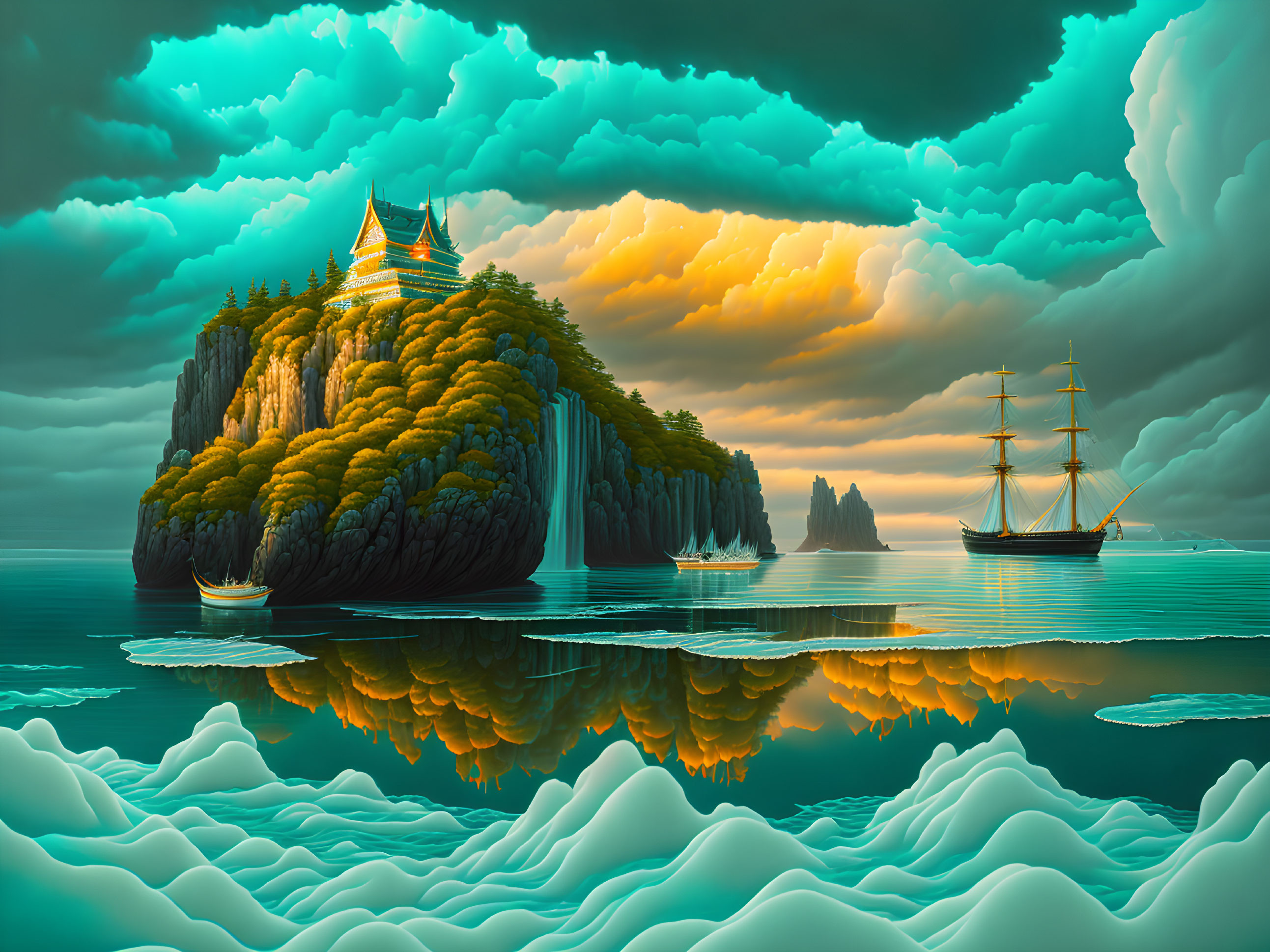 Majestic temple on lush island with sailing ships and sea reflections