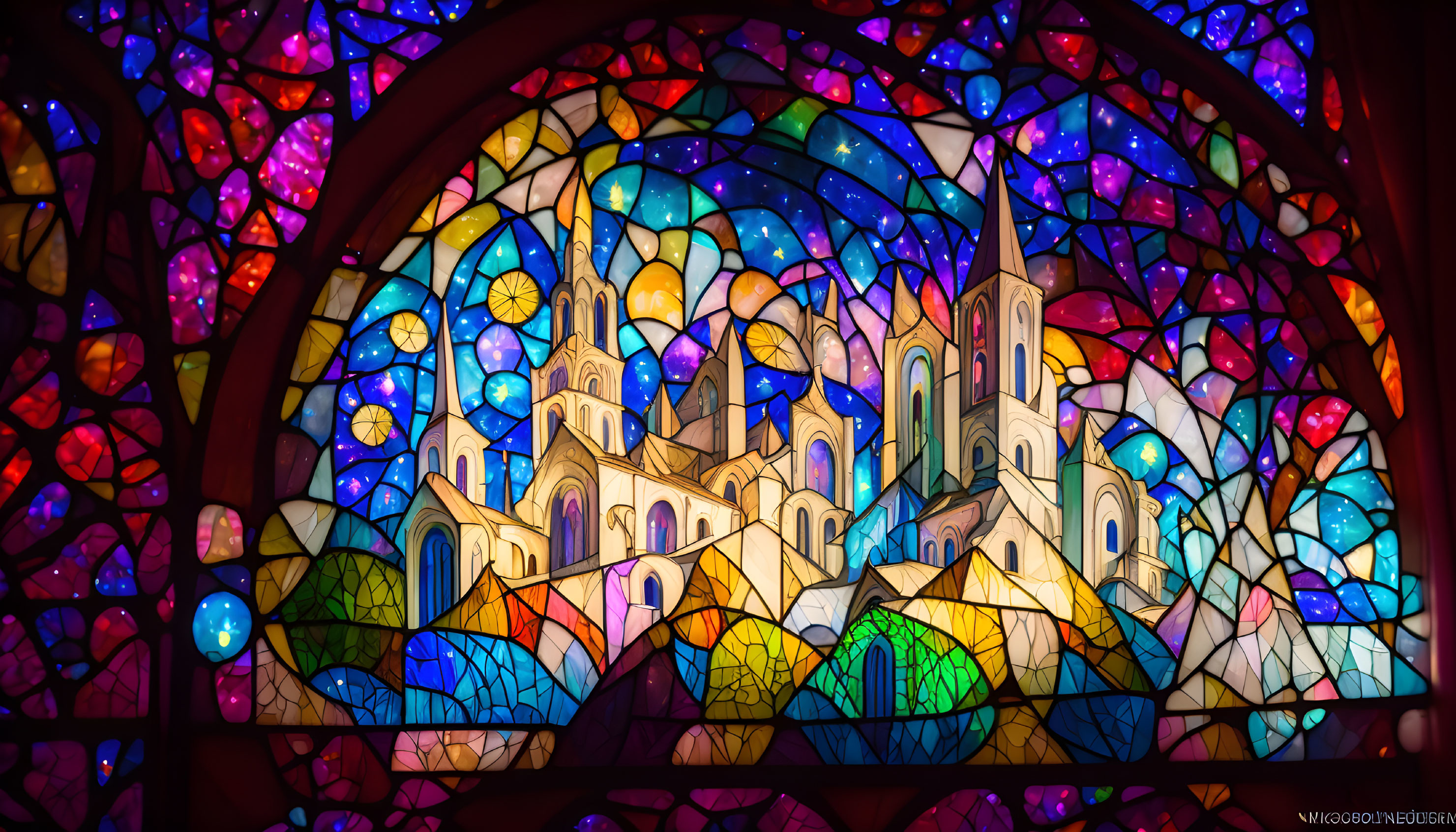 Vibrant stained glass window with castle scene and intricate patterns