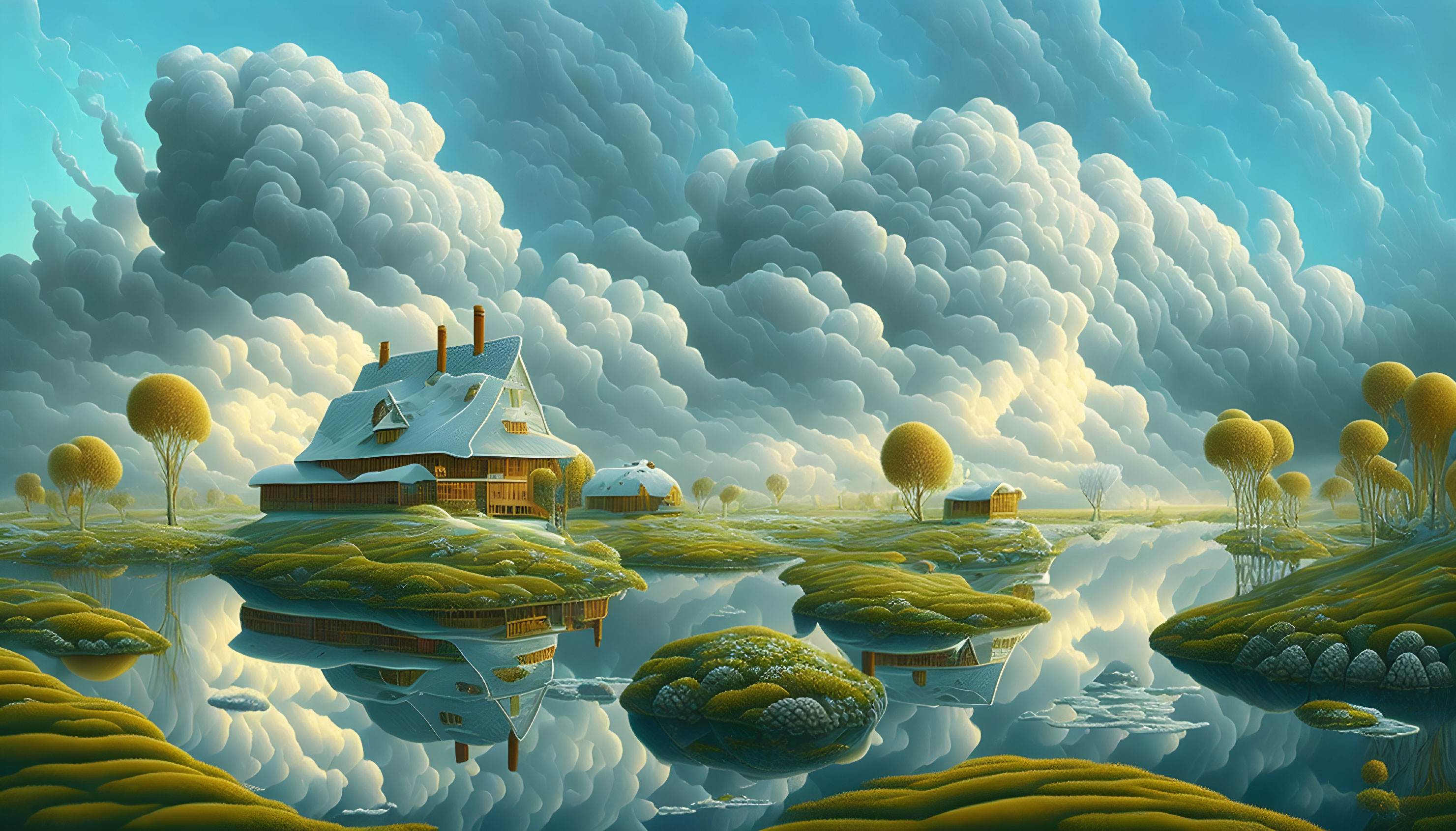 Tranquil landscape with house, water, hills, trees, and cloudy sky