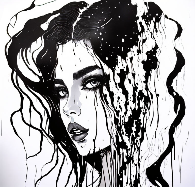 Monochrome artistic illustration of woman with flowing hair and paint splatters.