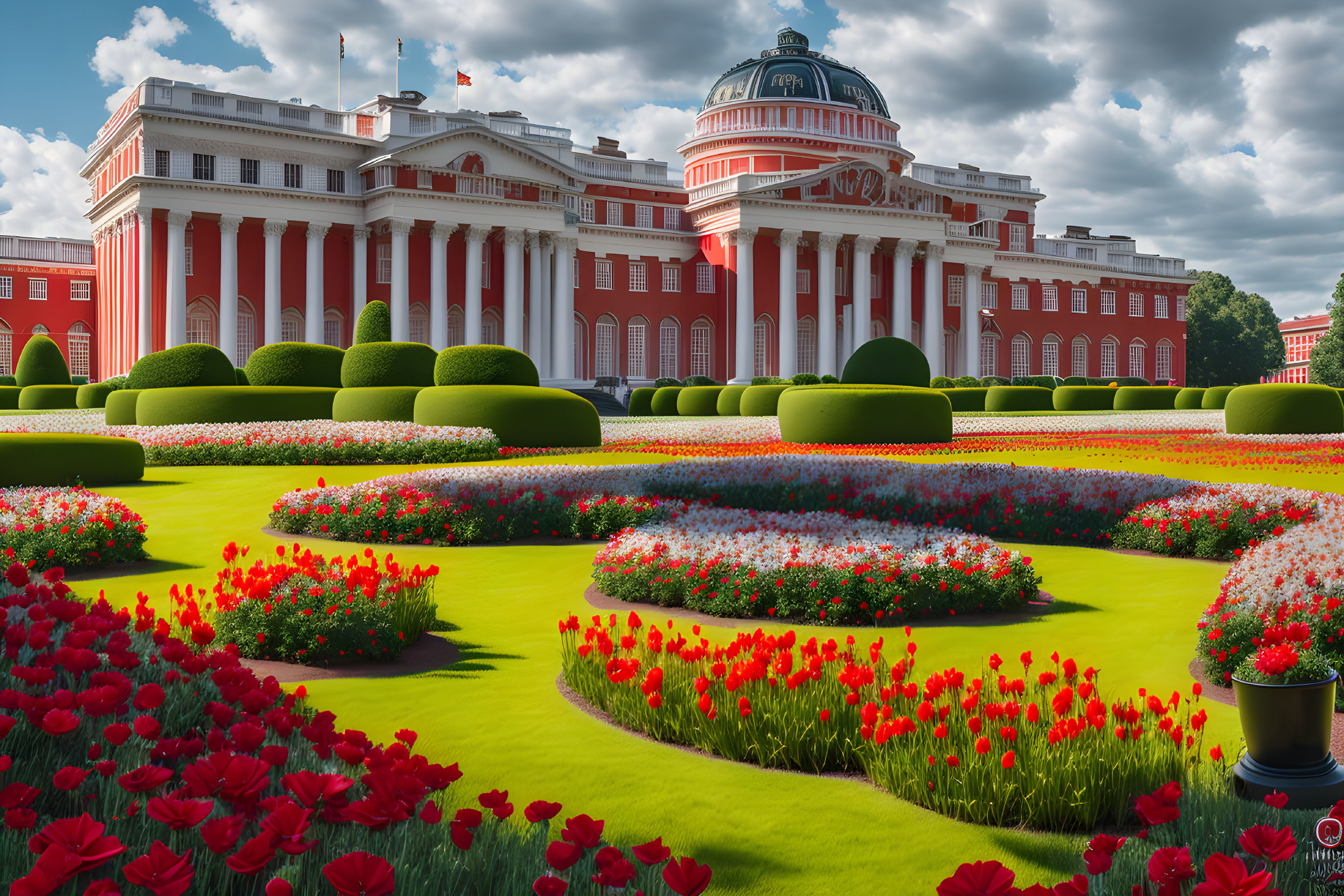 Grand red building with white columns, green dome roof, and vibrant gardens under blue sky