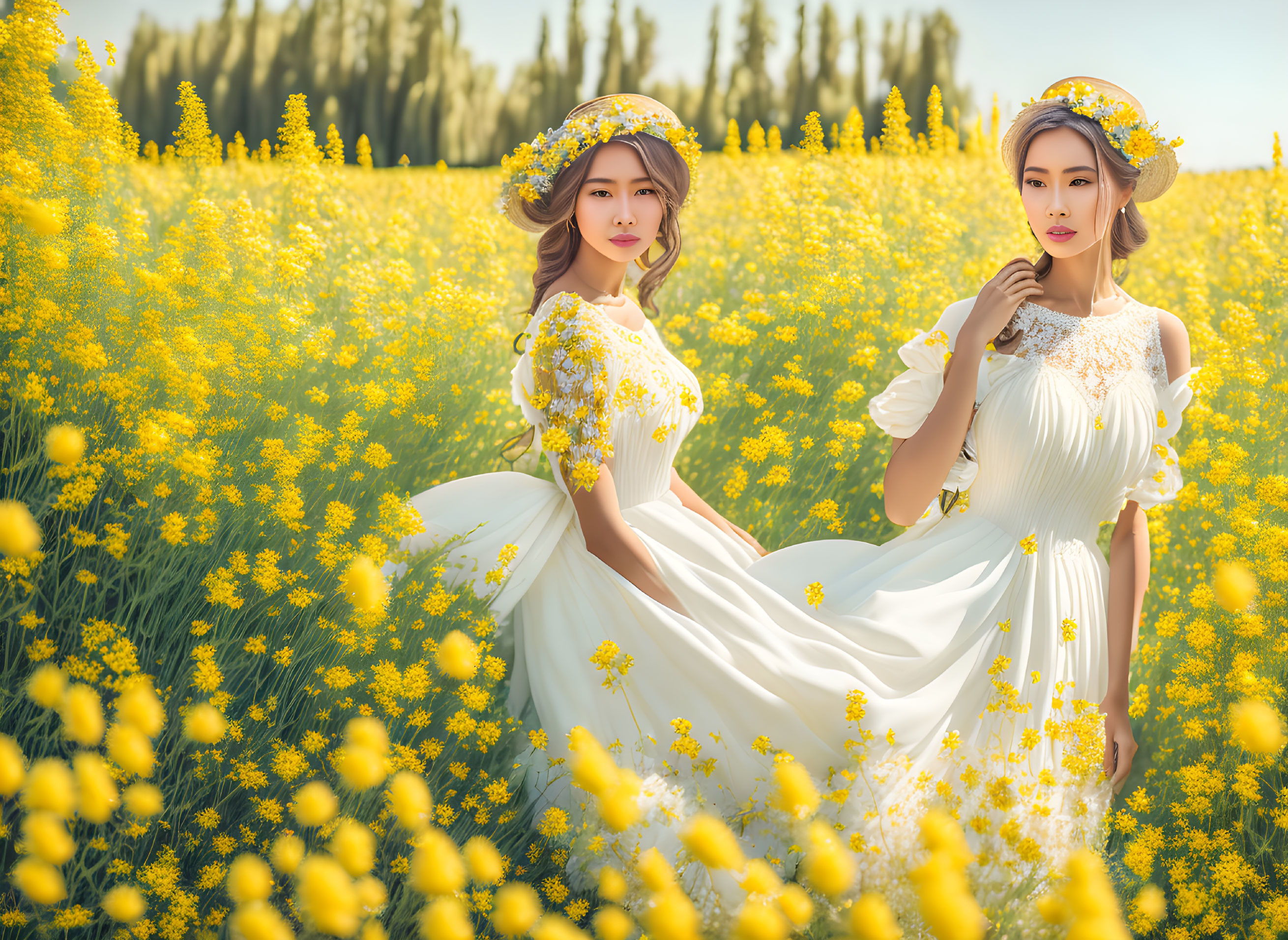 Two women in white dresses in vibrant yellow flower field