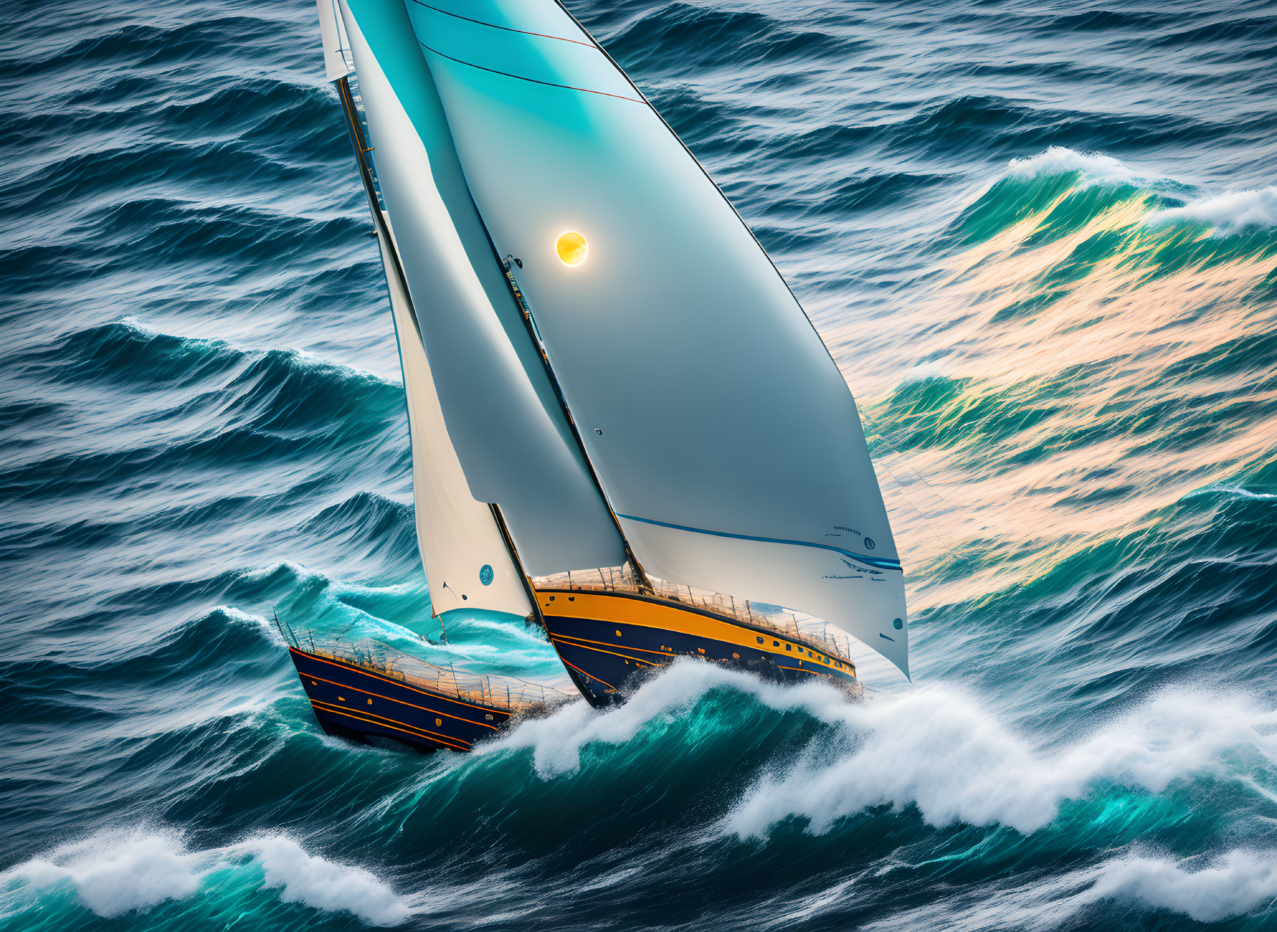 Blue and white sailboat on wavy blue waters under sunlit sky