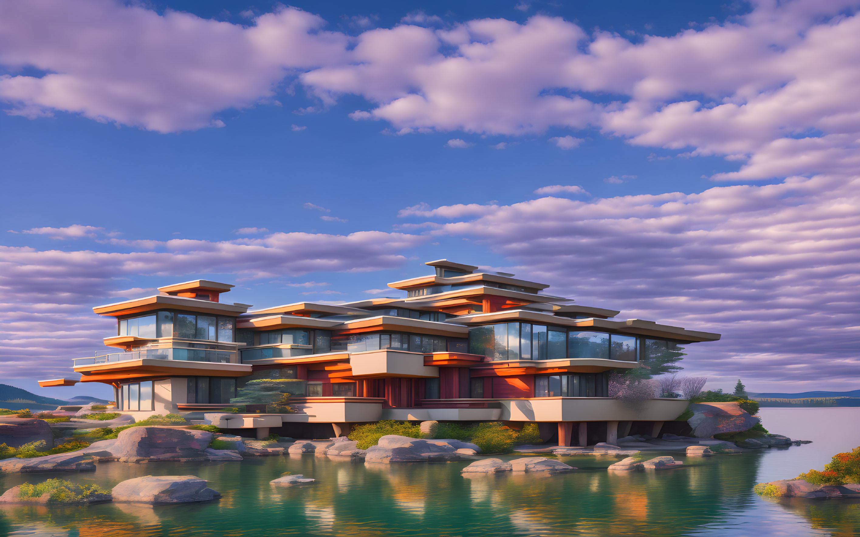 Modern multi-level house with large glass windows by lakeshore and rocks under cloudy sky