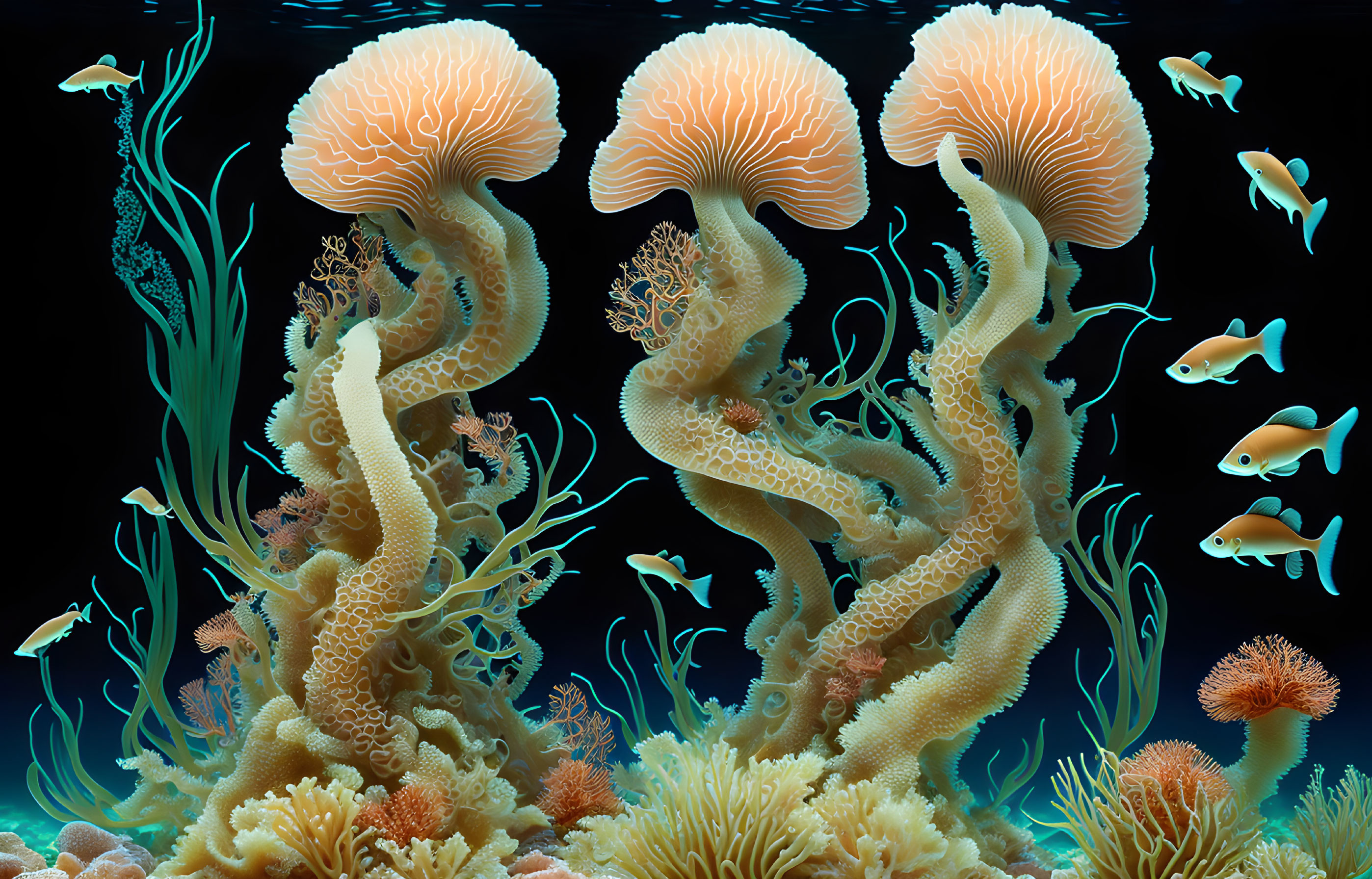 Colorful coral mushroom formations in a deep blue underwater setting with tropical fish