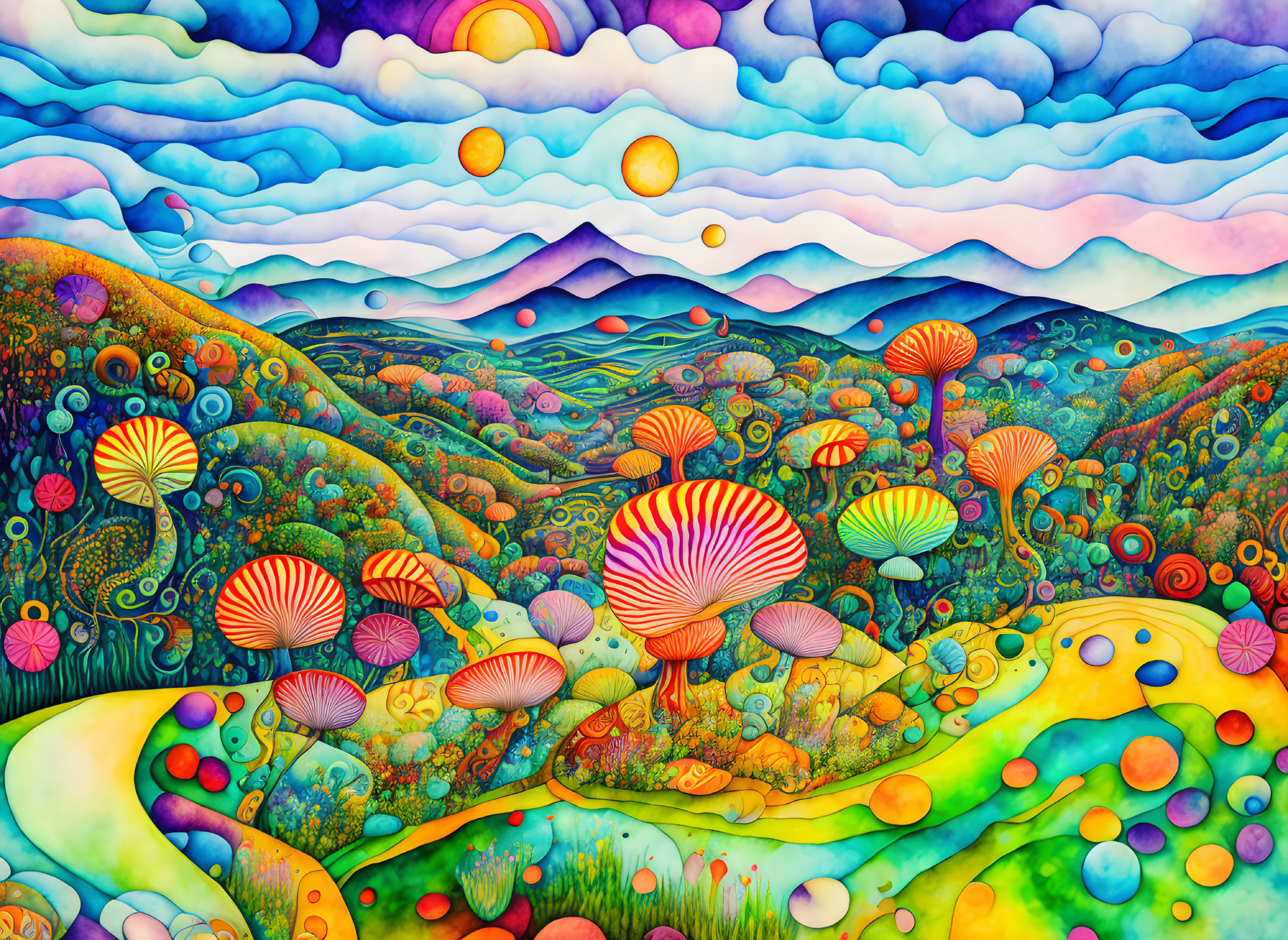 Colorful surreal landscape with stylized mushrooms and rolling hills under layered sky.