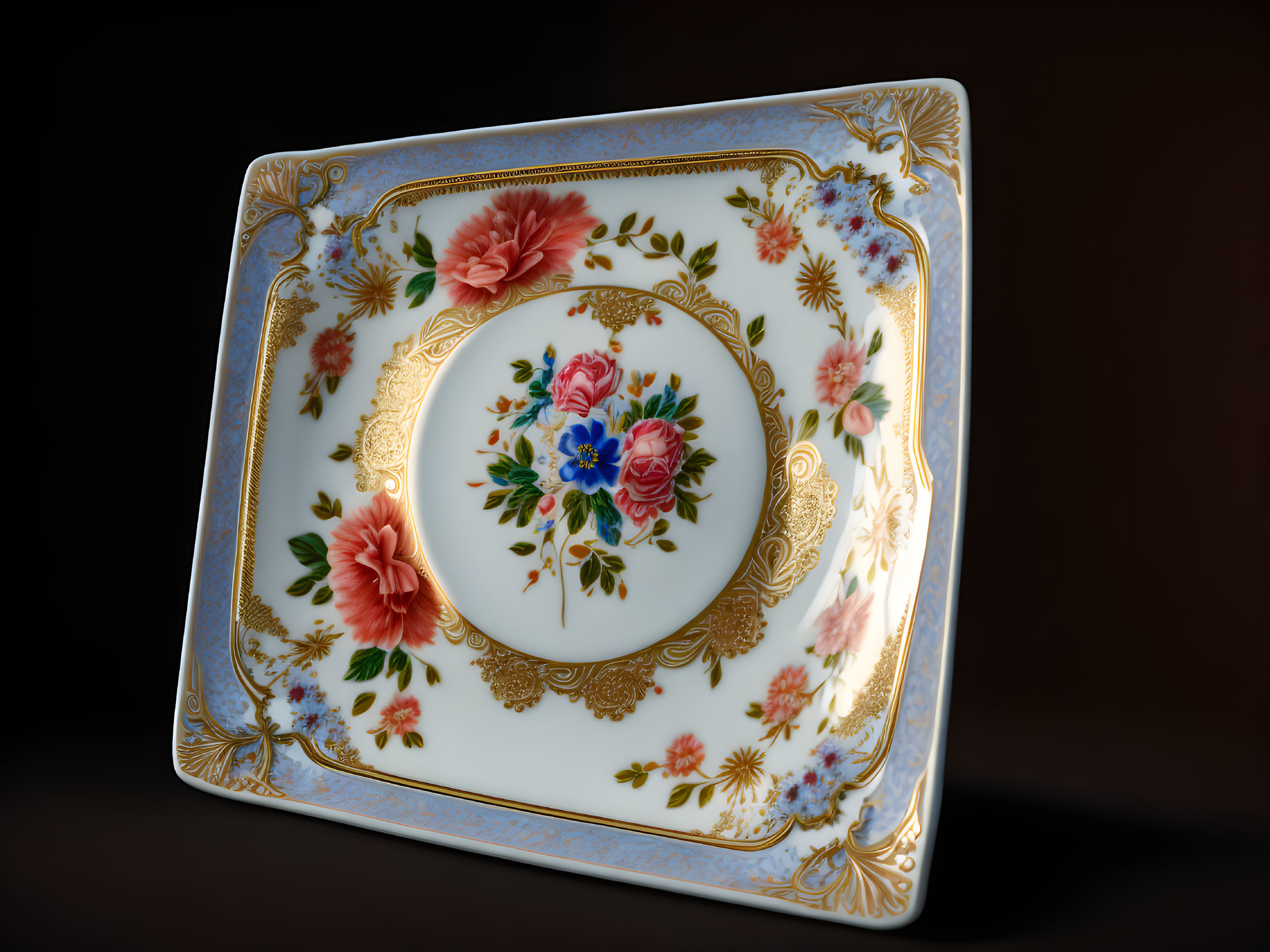 Porcelain Platter with Gold Trim & Painted Flowers on Dark Background