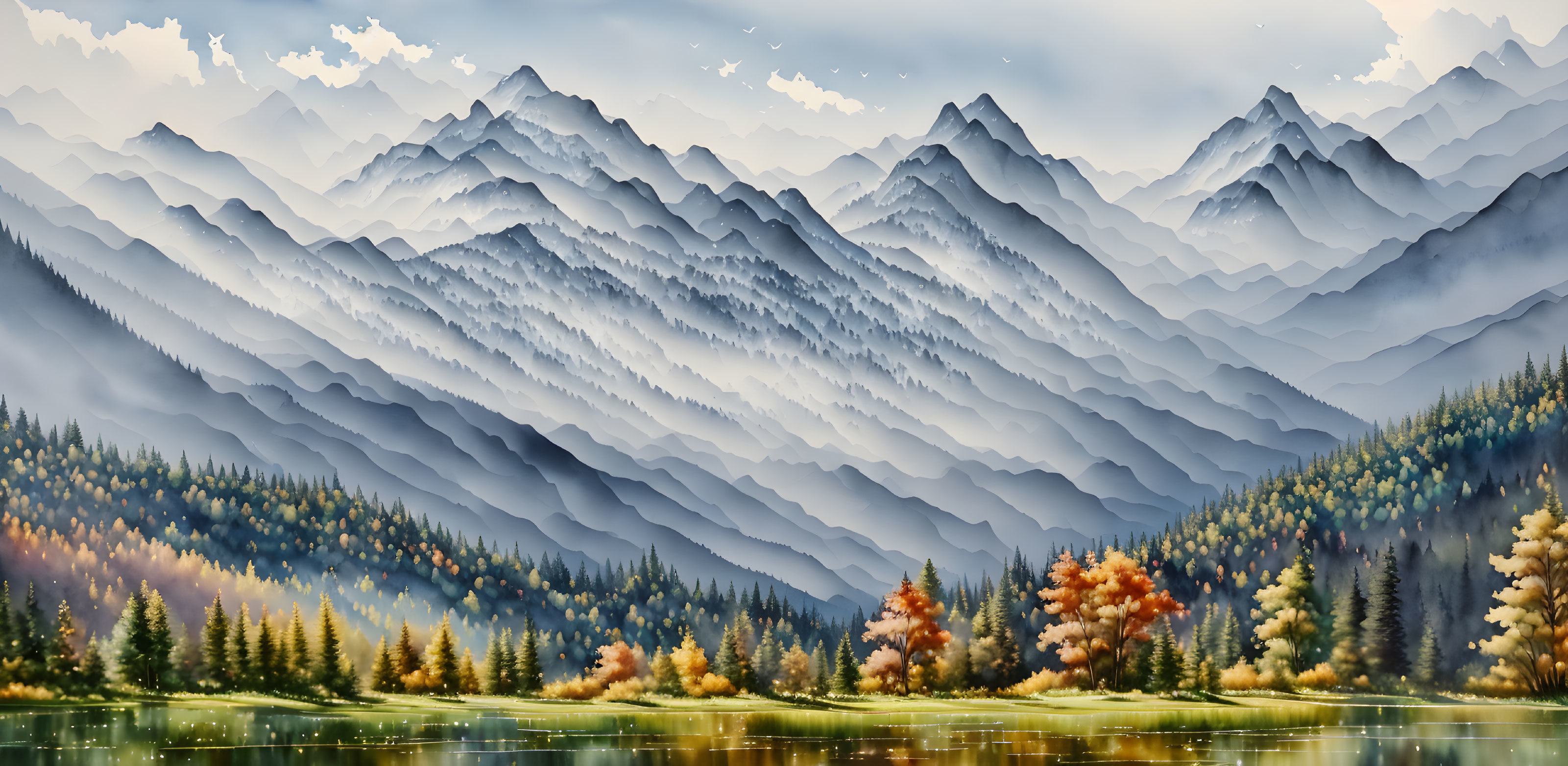 Tranquil landscape with misty mountains, calm lake, and autumn trees