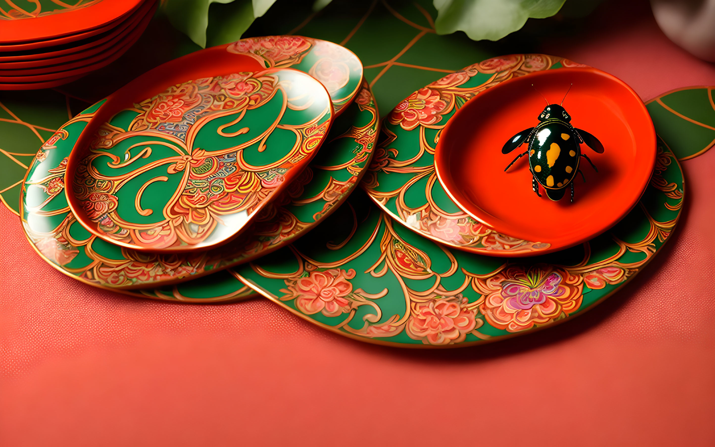 Ornate green and red patterned plates with decorative beetle on red surface