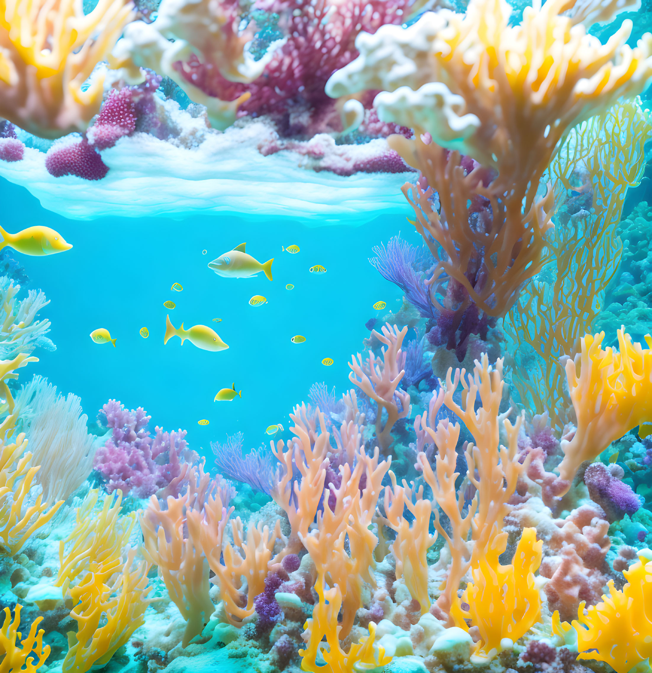 Colorful Coral Reef with Tropical Fish in Clear Blue Sea