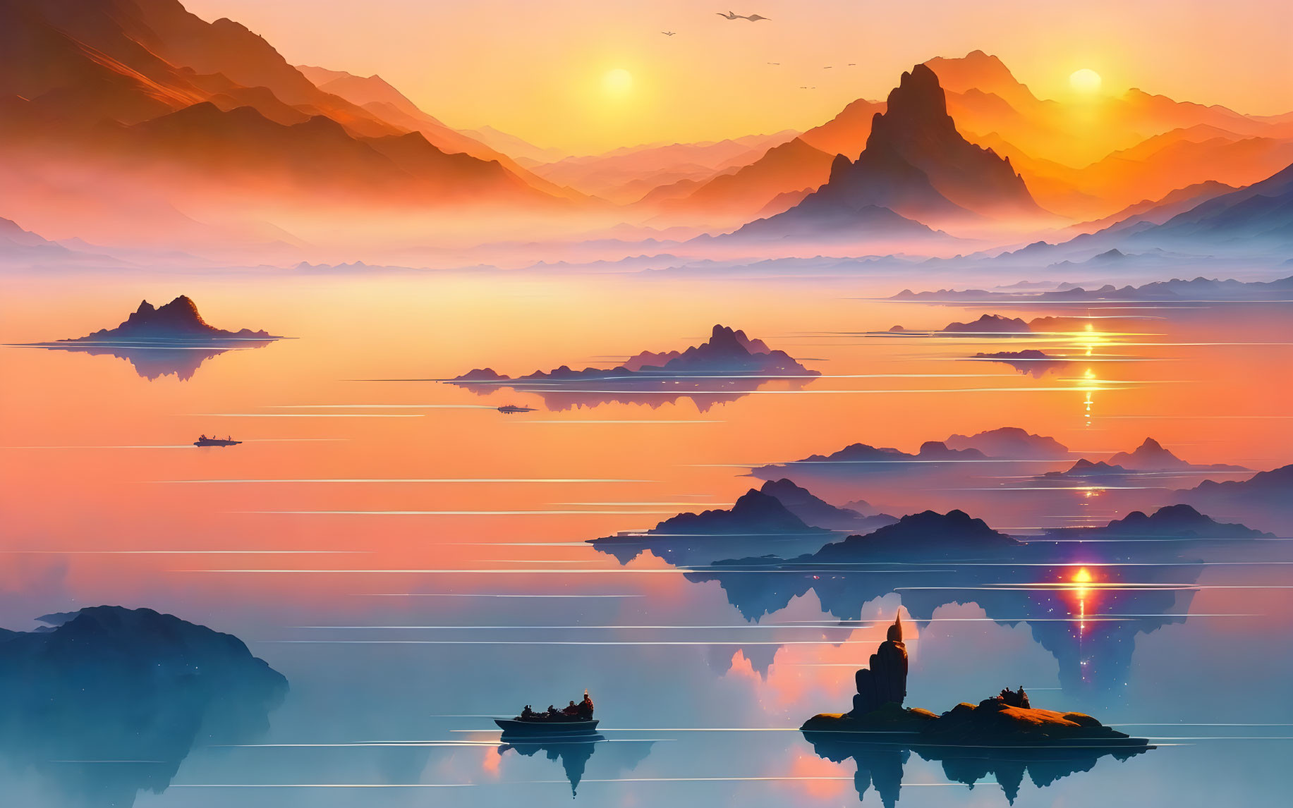 Tranquil digital art: sunset lake with boats, islands, mountains