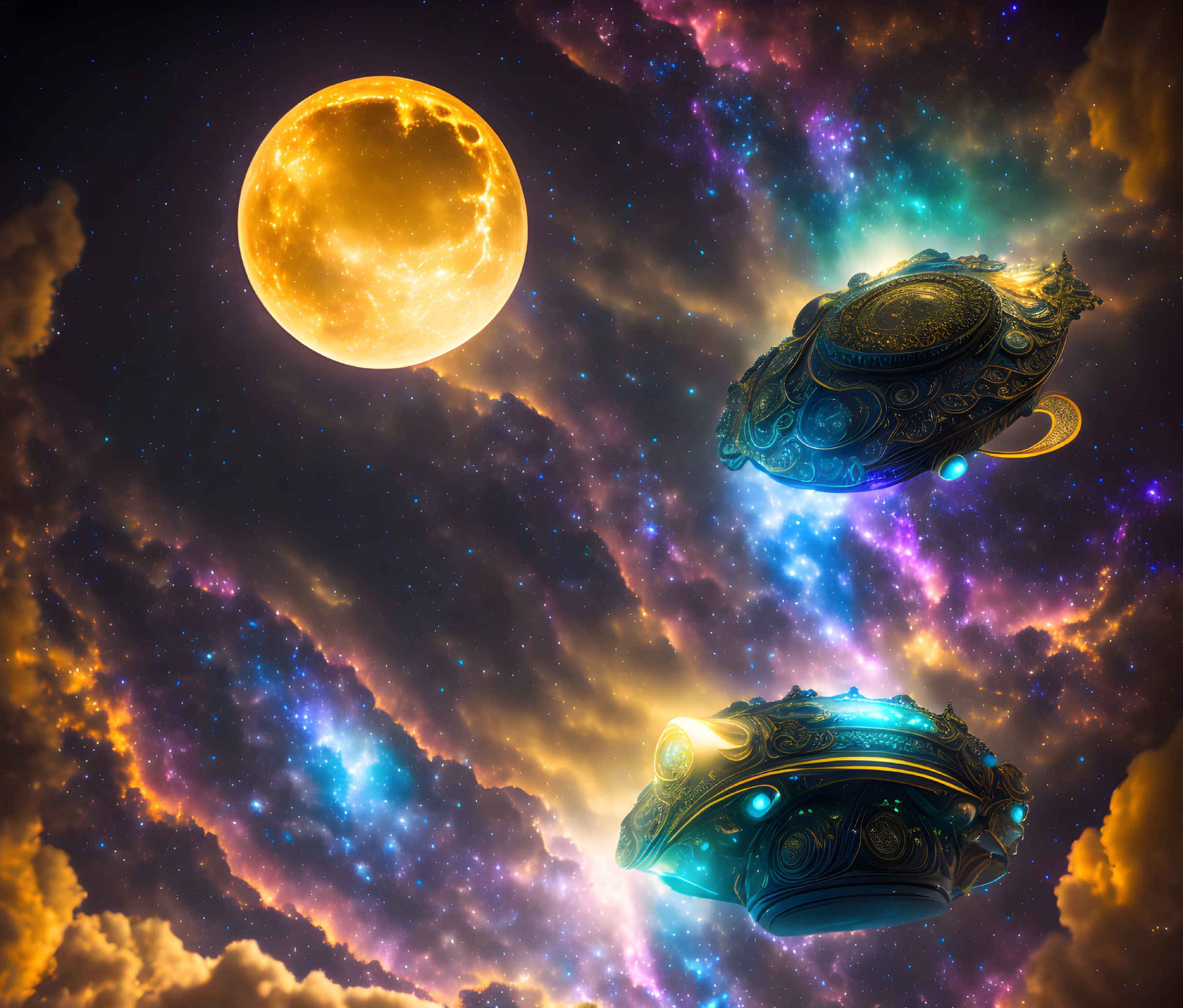 Vibrant cosmic scene: two ornate spacecrafts, glowing moon