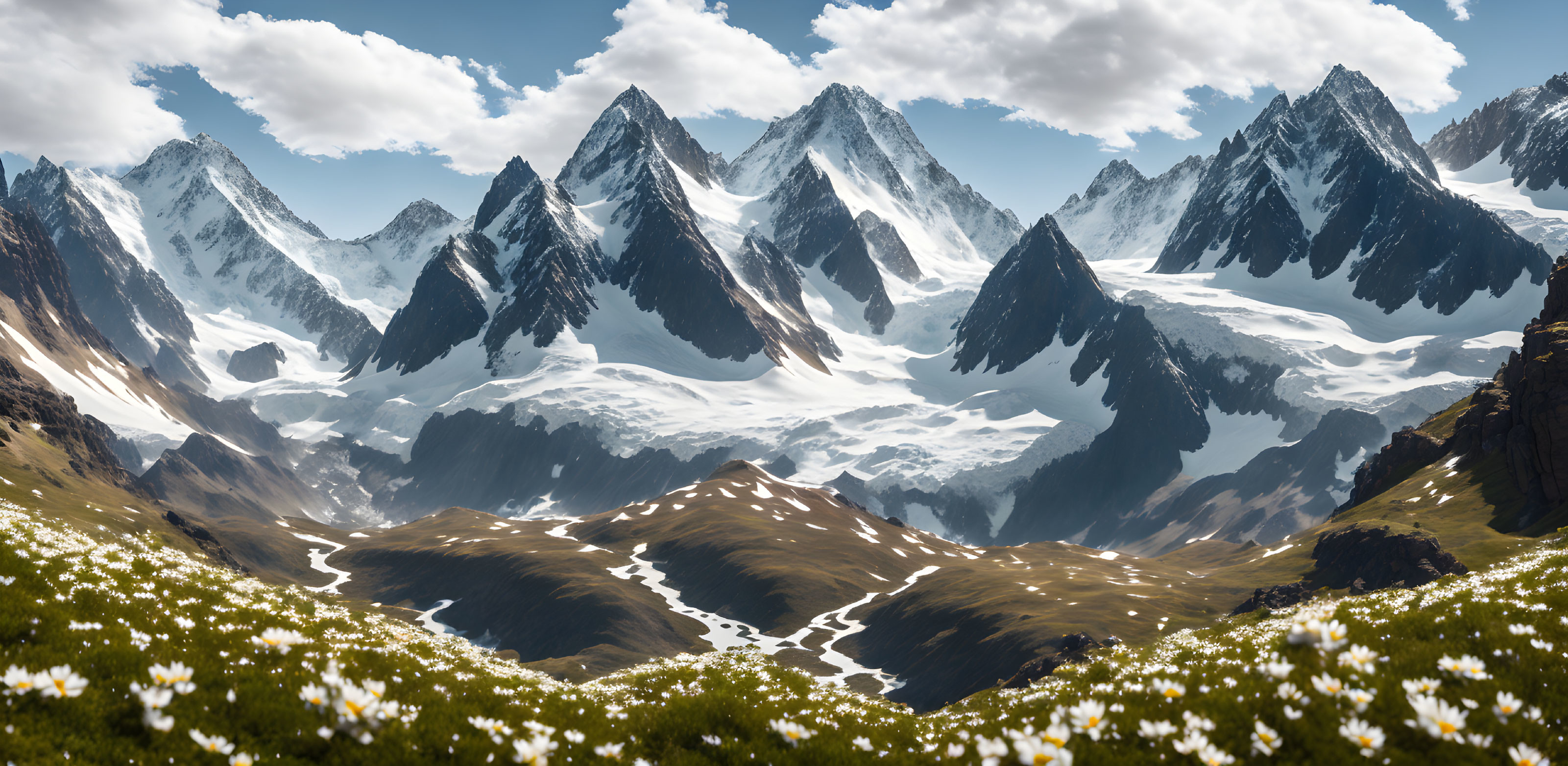 Panoramic Mountain Range with Sharp Peaks and Snow Patches