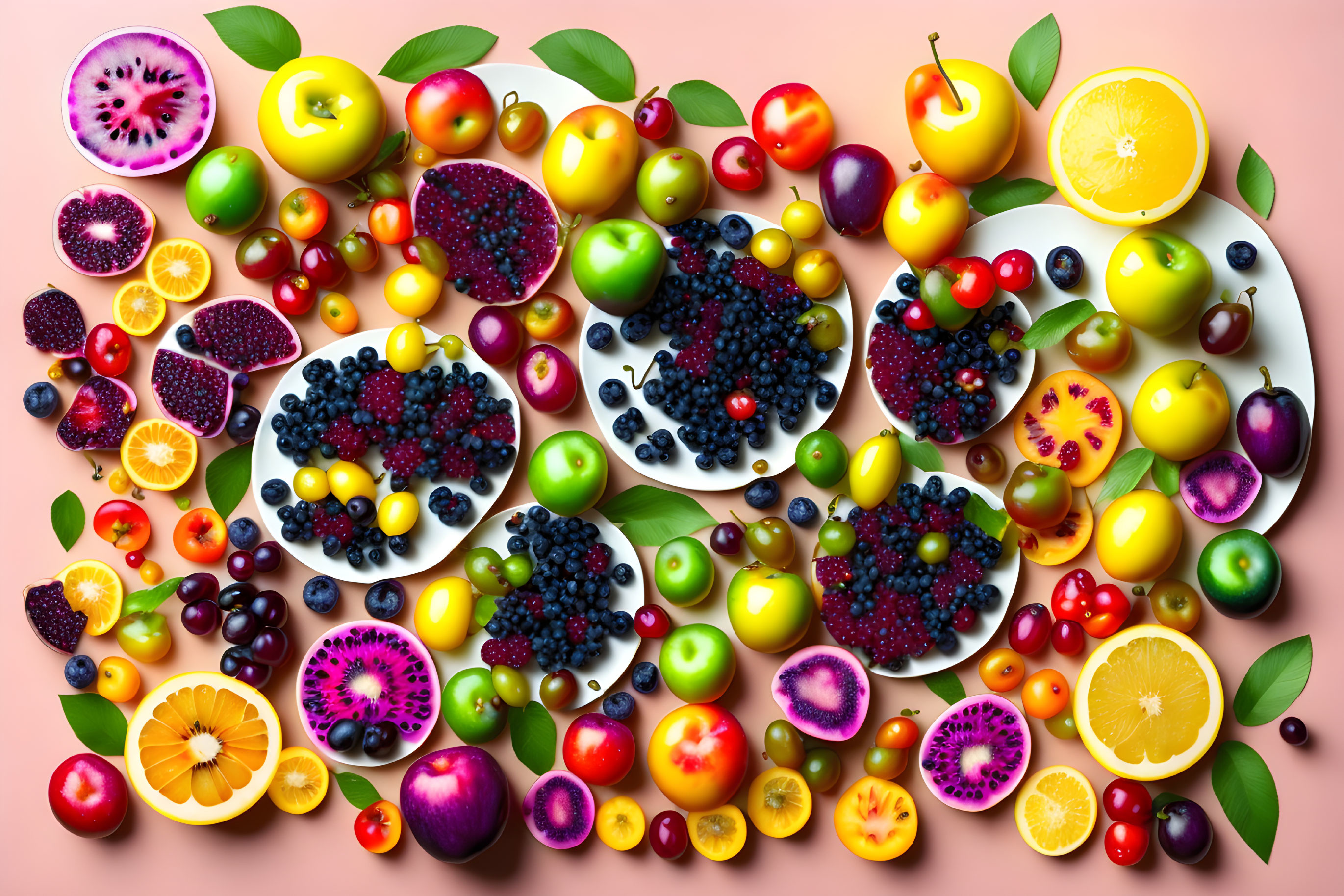 Vibrant Fresh Fruit Array on Pink Surface