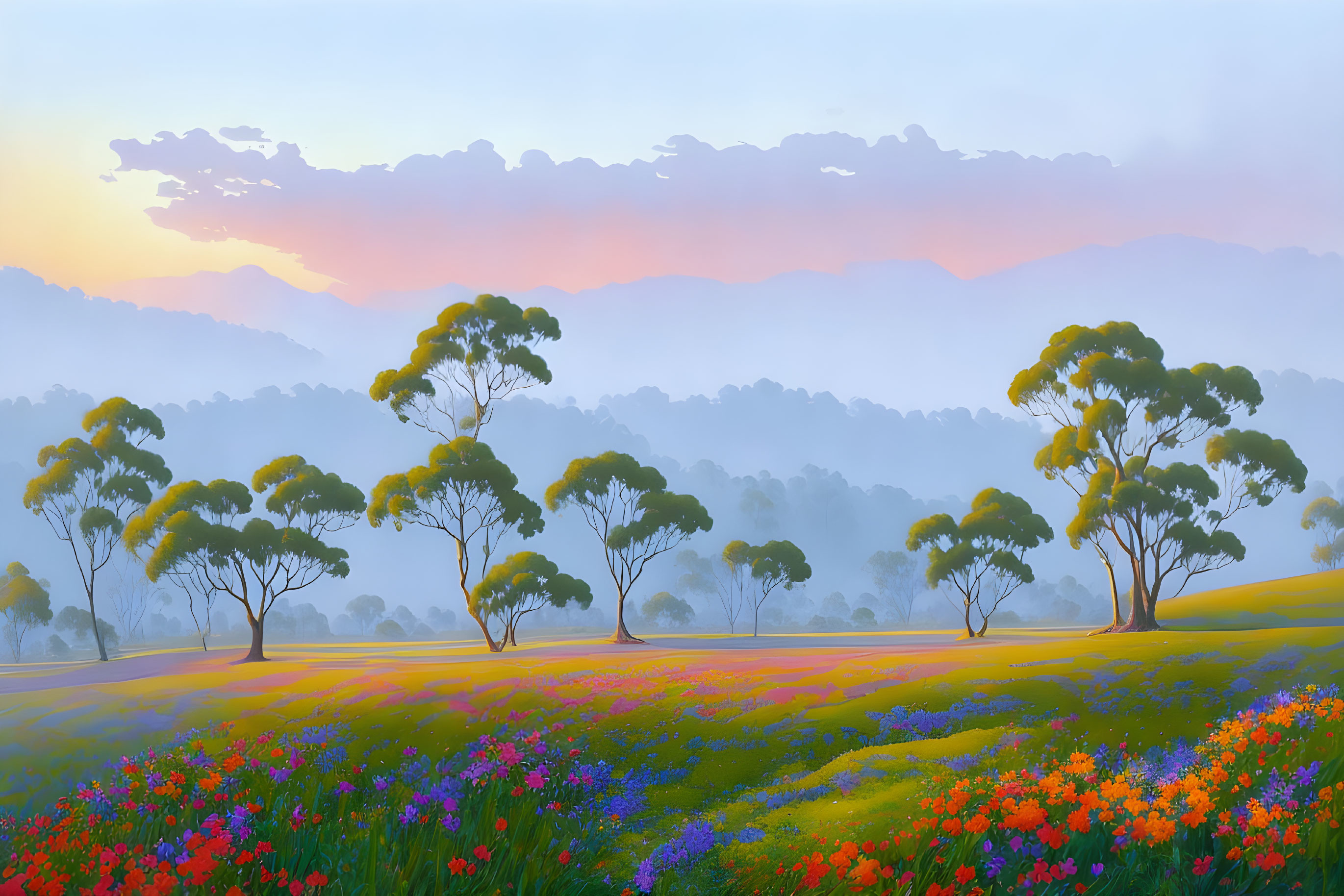 Scenic sunset landscape with wildflowers, trees, and purple mountains