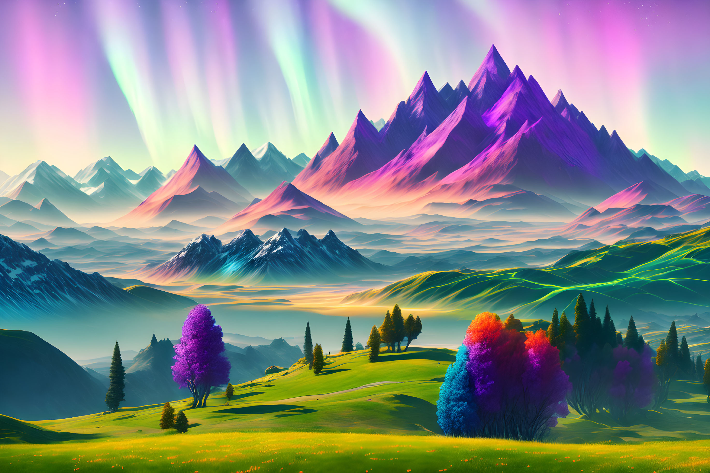 Colorful landscape with trees, hills, mountains, and aurora lights