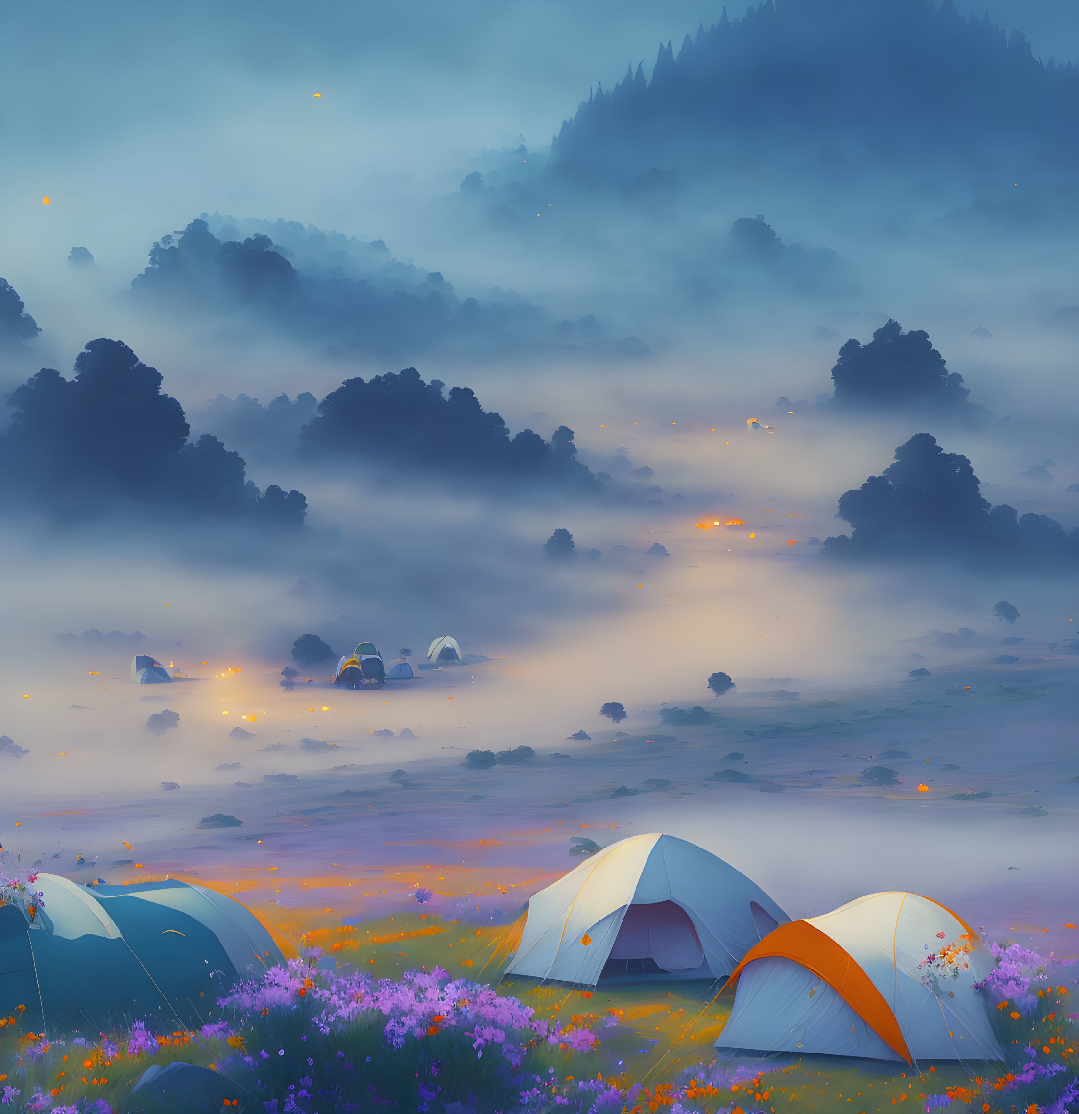 Misty dawn landscape with colorful tents and wildflowers