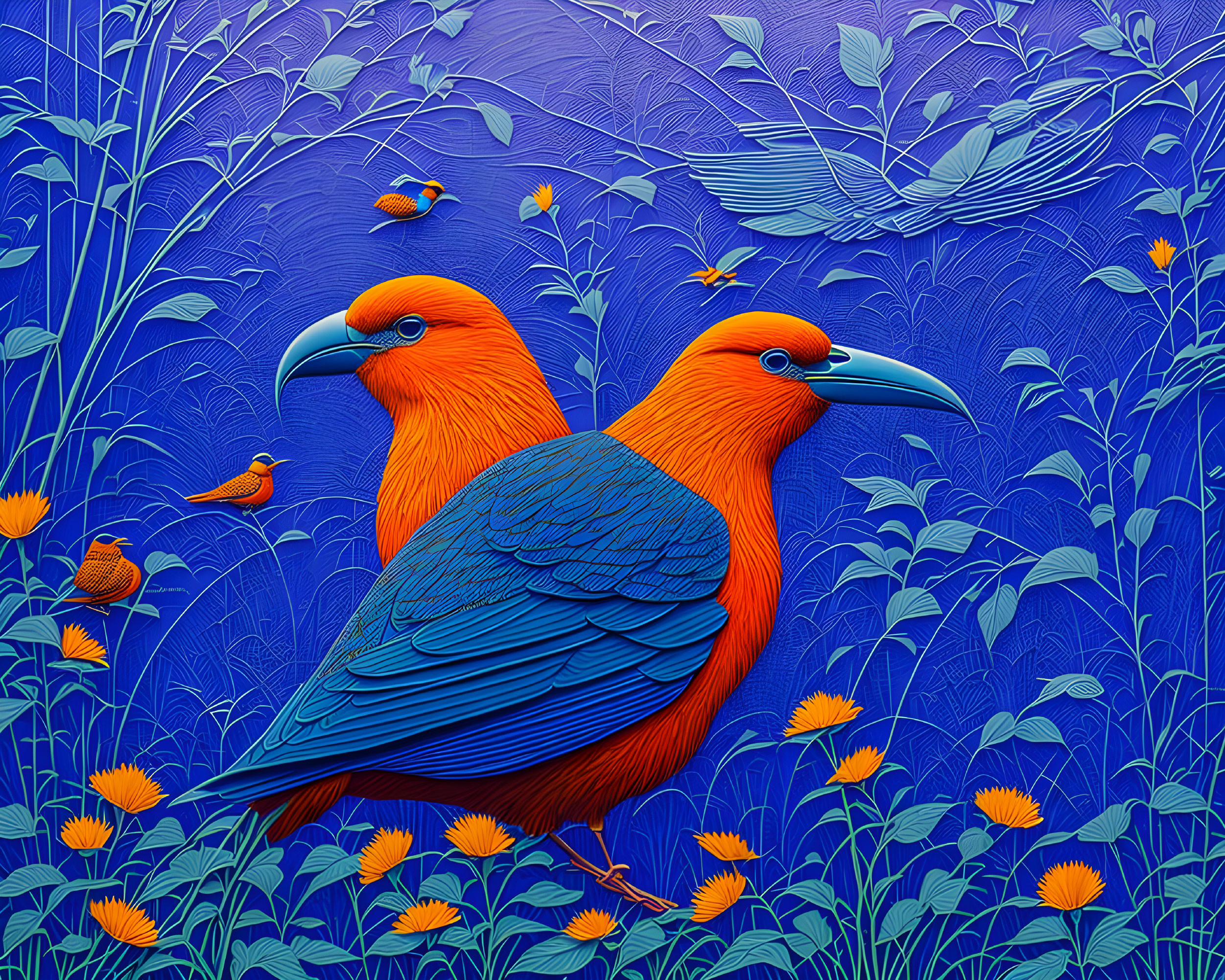 Two Orange Birds with Blue Beaks in Blue Foliage and Yellow Flowers