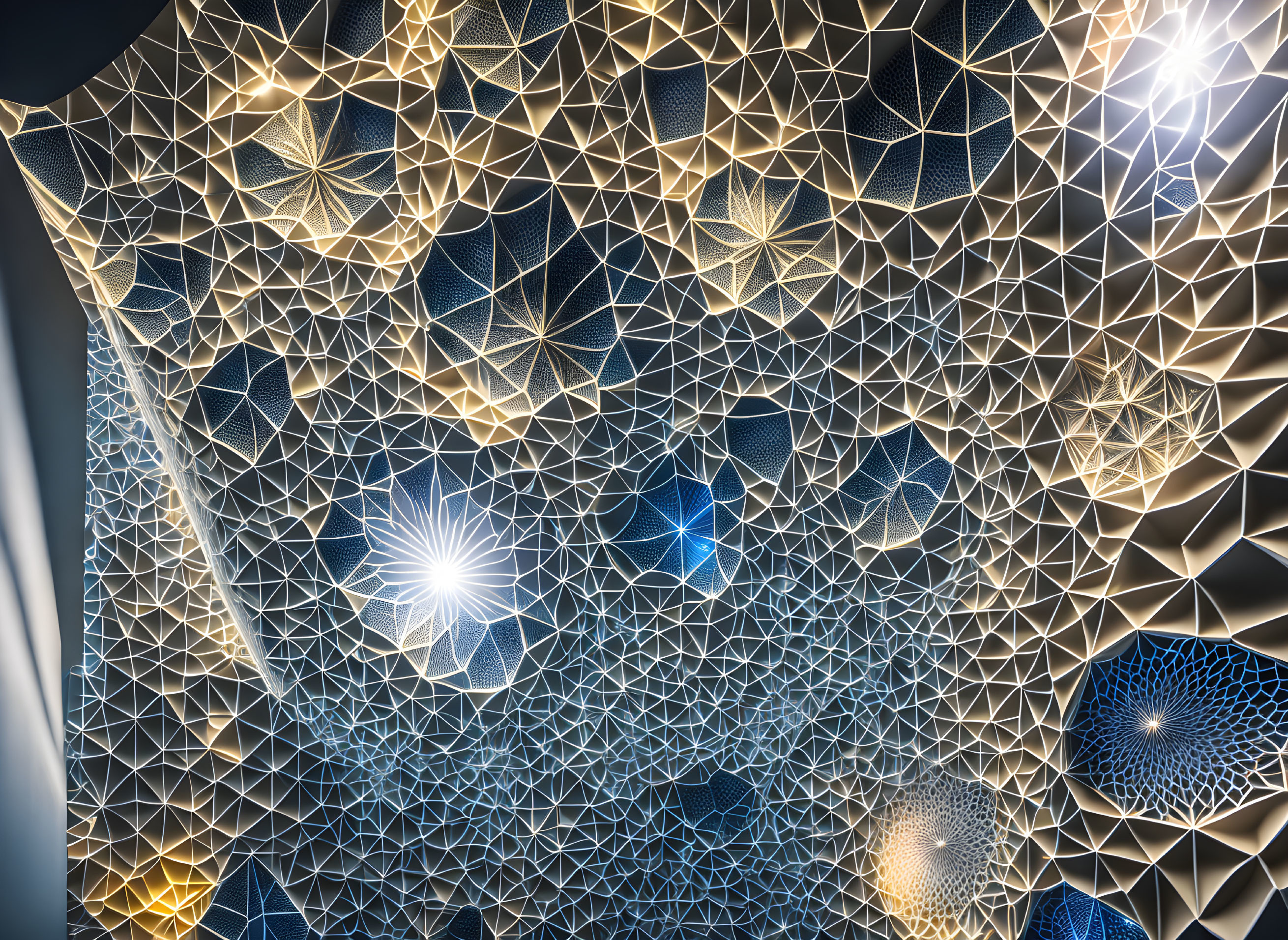 Geometric Ceiling Design with Patterned Panels and Embedded Lights