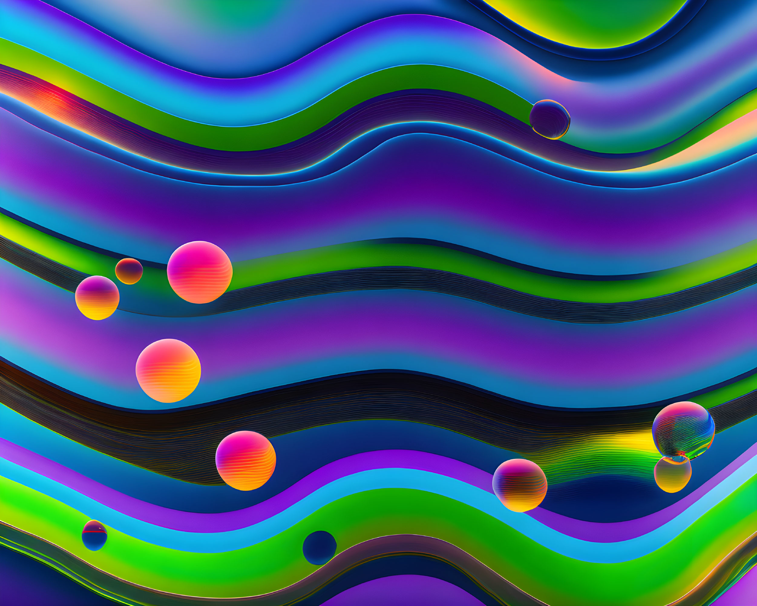 Vibrant Abstract Wavy Background with Layered Lines and Reflective Spheres