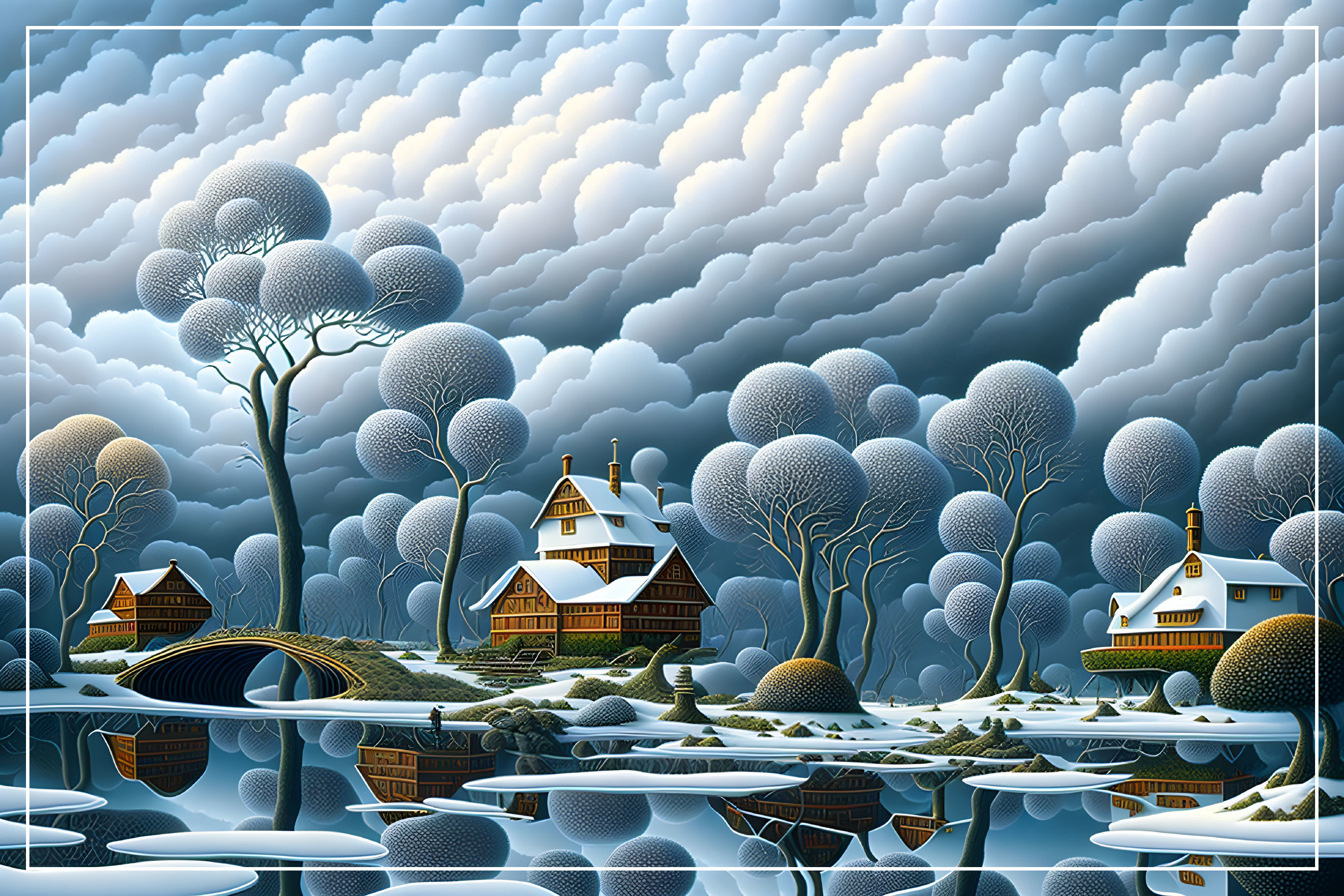 Blue-toned landscape with intricate clouds and reflective houses - serene and surreal ambiance.