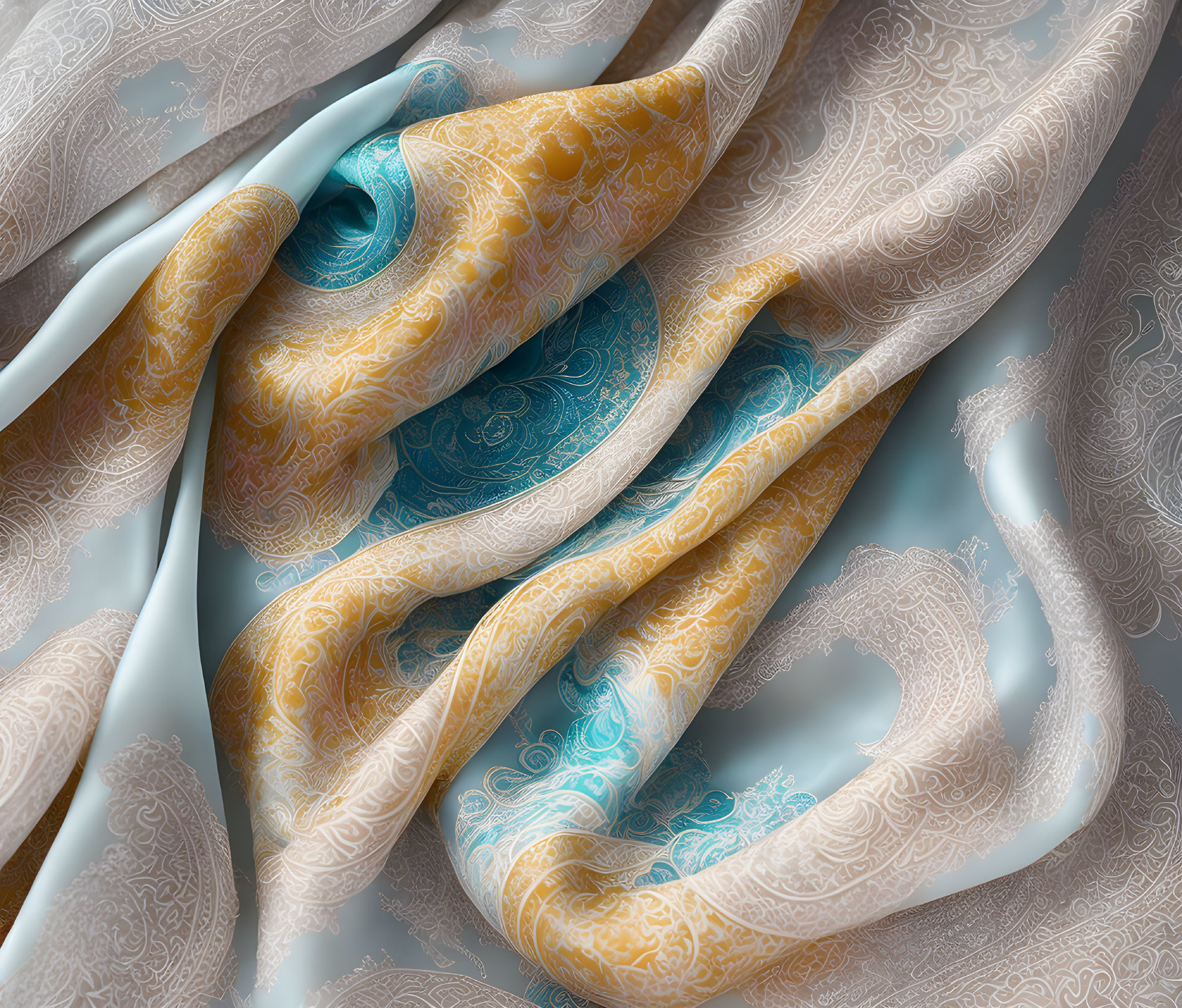 Blue and Gold Patterned Fabric: Elegant, Textured, Three-Dimensional Effect