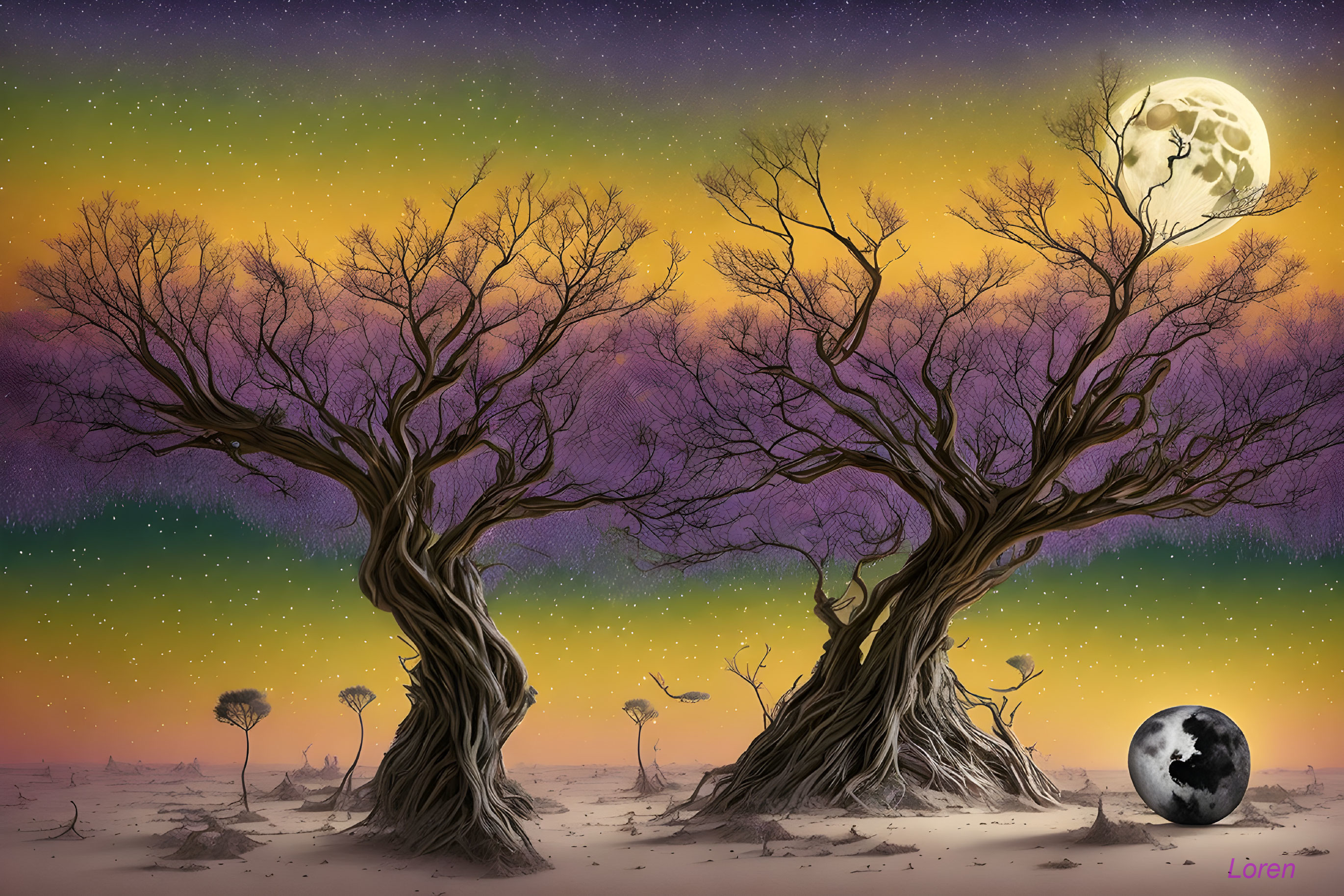 Surreal Landscape with Gnarled Trees and Luminous Moon