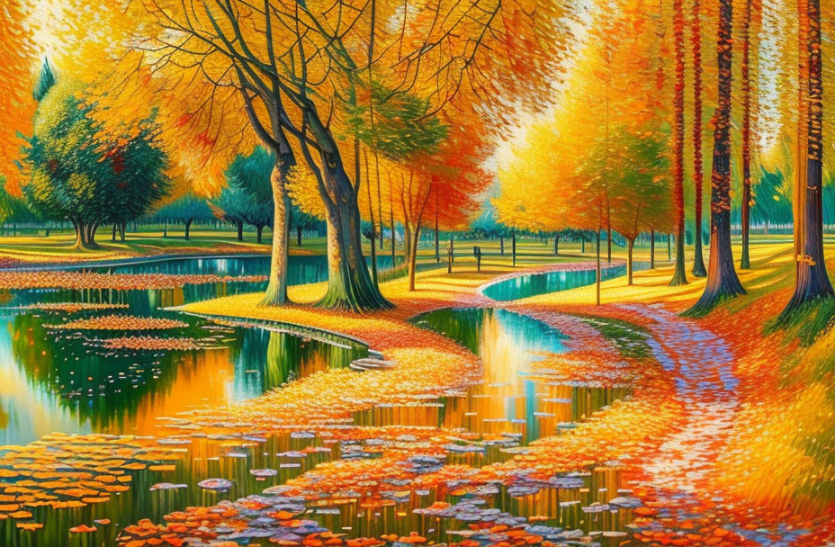 Colorful Autumn Landscape Painting with Winding Path and Serene Water Reflections