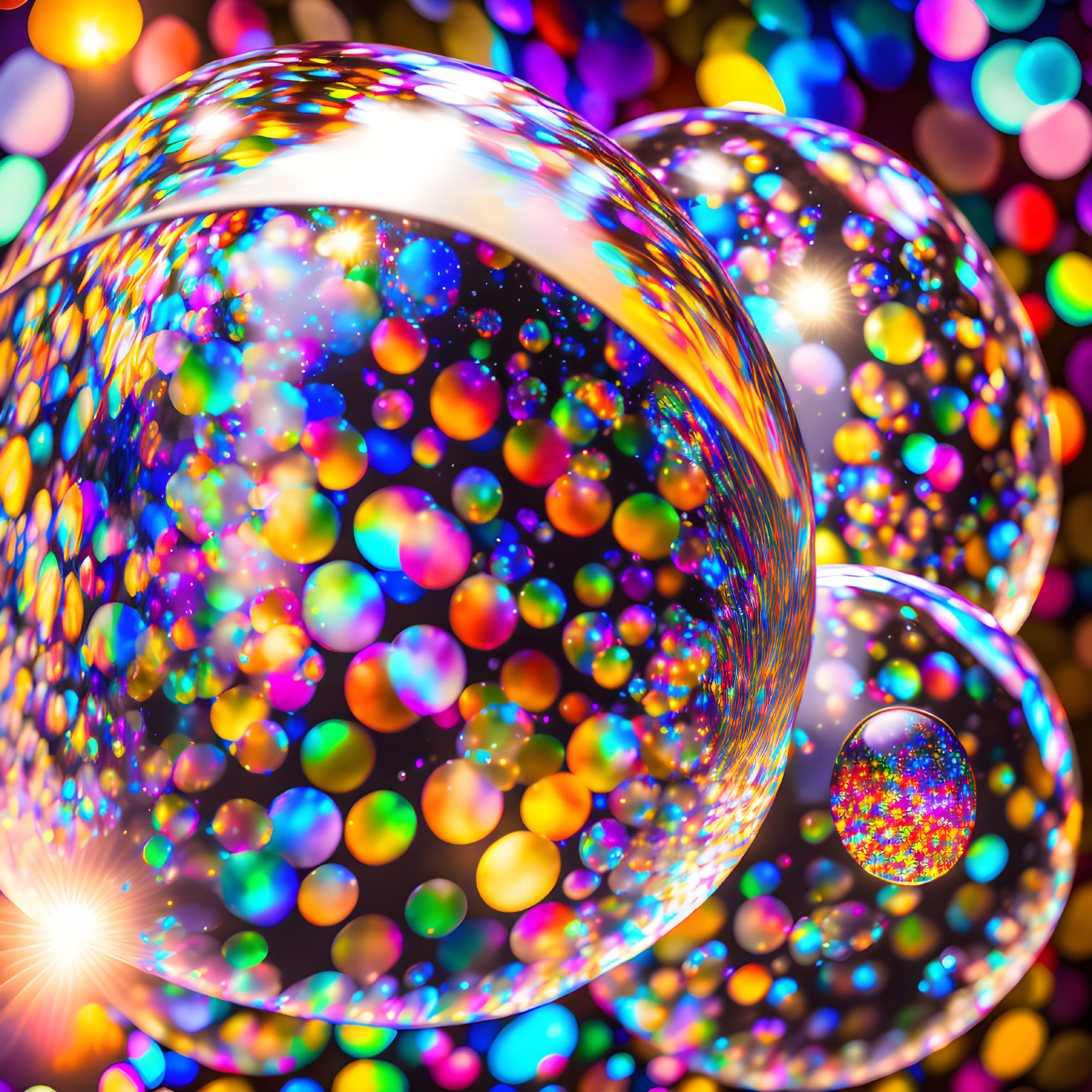 Vibrant Soap Bubbles with Colorful Reflections on Multicolored Background