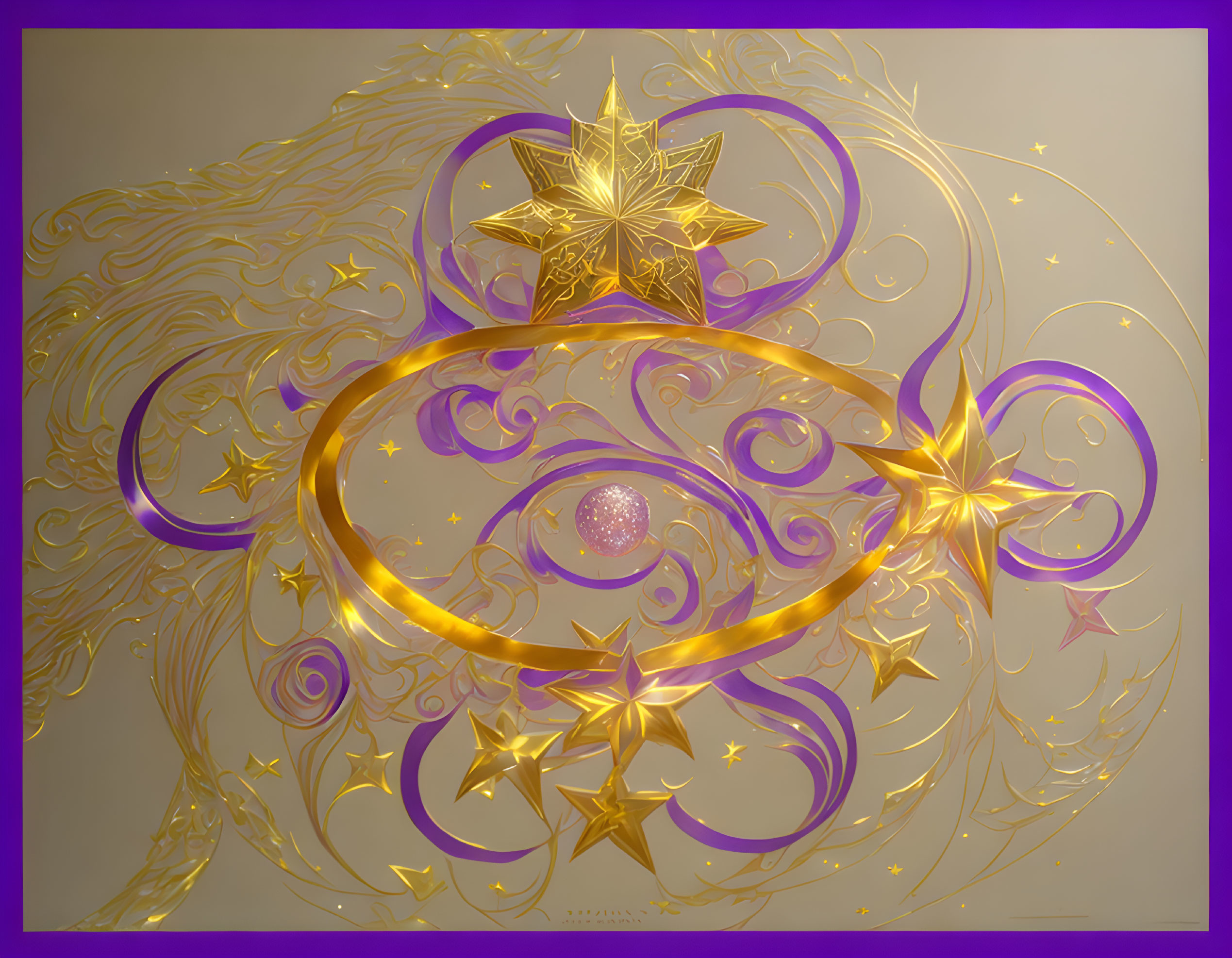 Abstract golden design with swirling lines and star shapes on gradient purple background