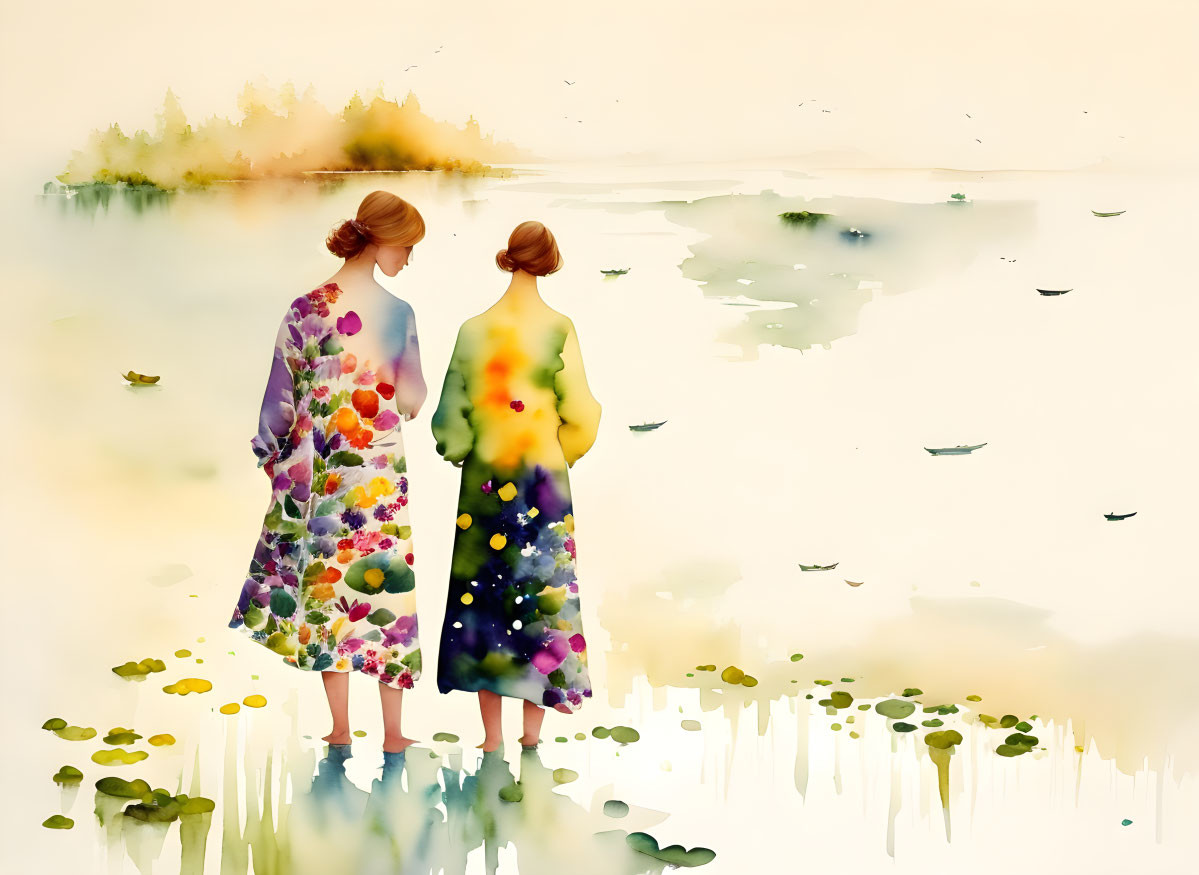 Colorful individuals in floral attire by tranquil waterbody