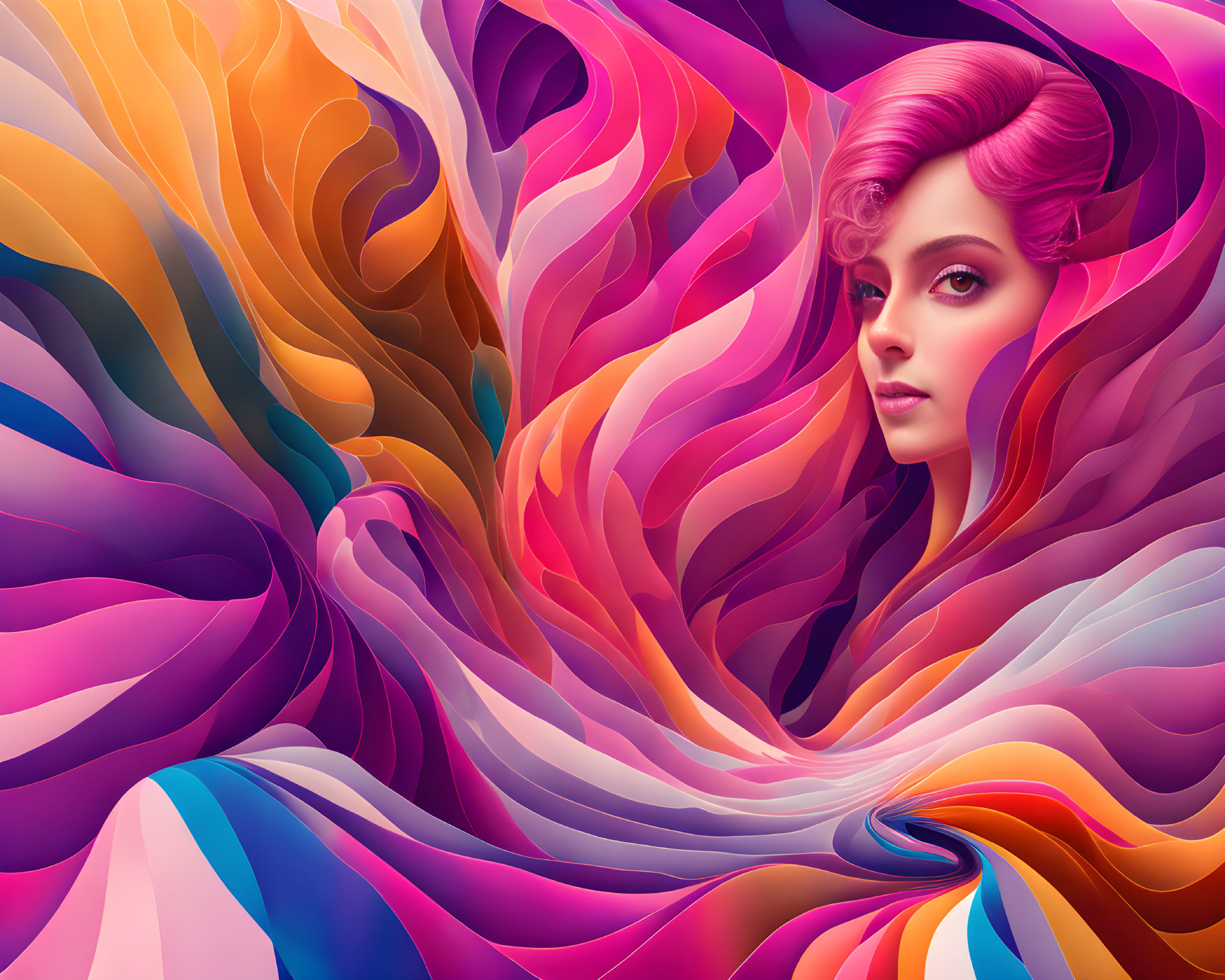 Colorful digital art: Woman with pink hair blending into abstract purple, orange, and pink waves