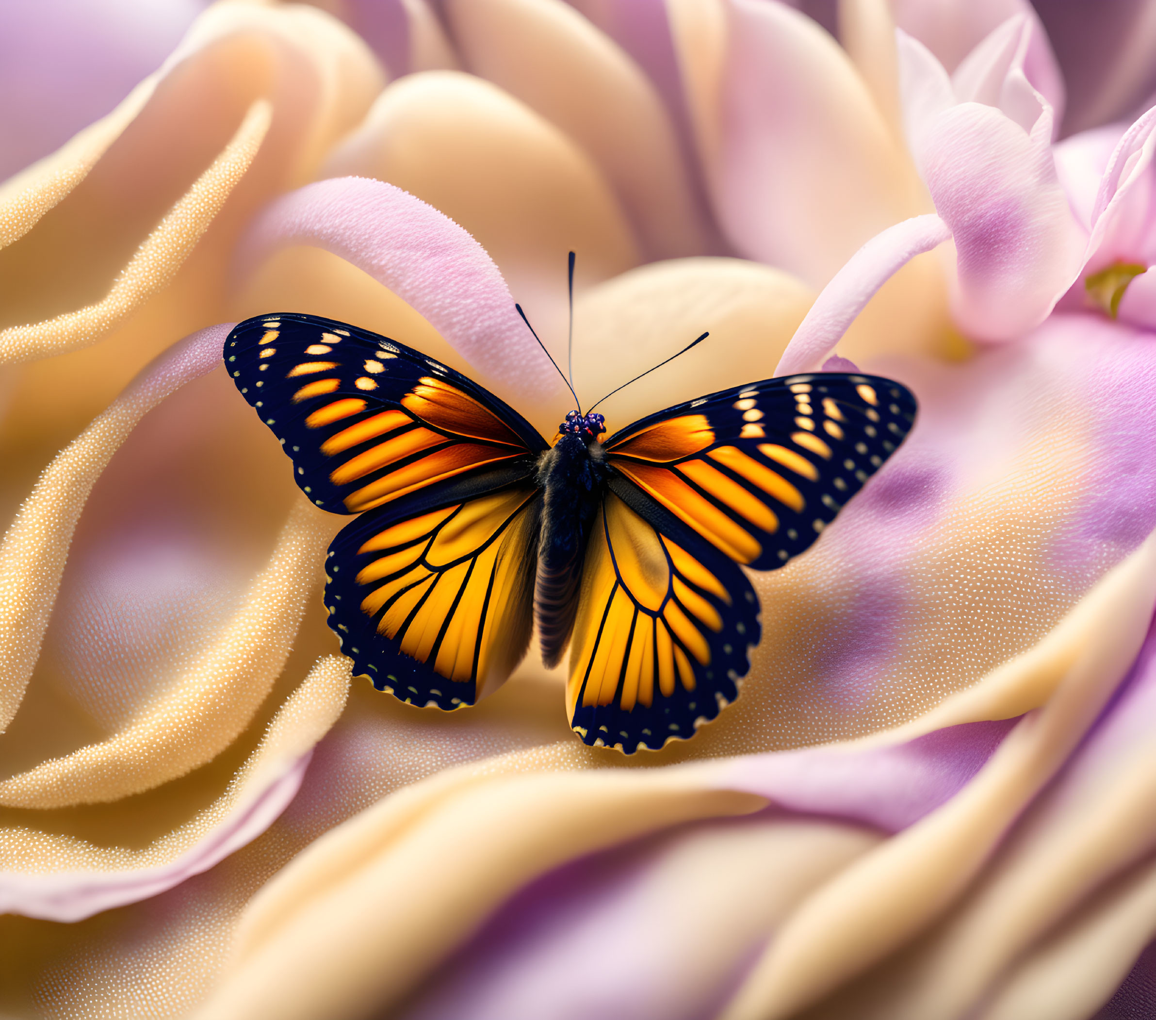 Colorful Butterfly Resting on Pink and Yellow Petals